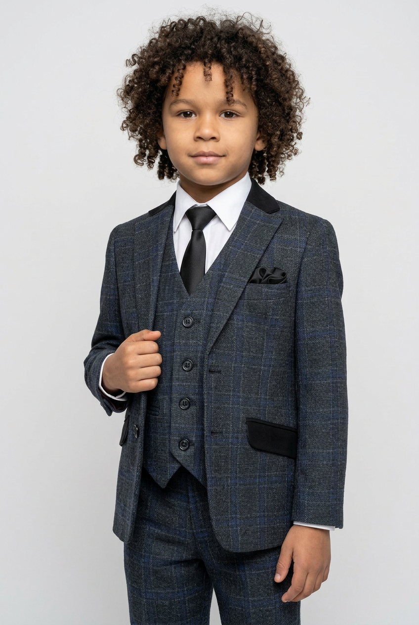 Boys Windowpane Check Charcoal Grey Suit Set - Charcoal Grey