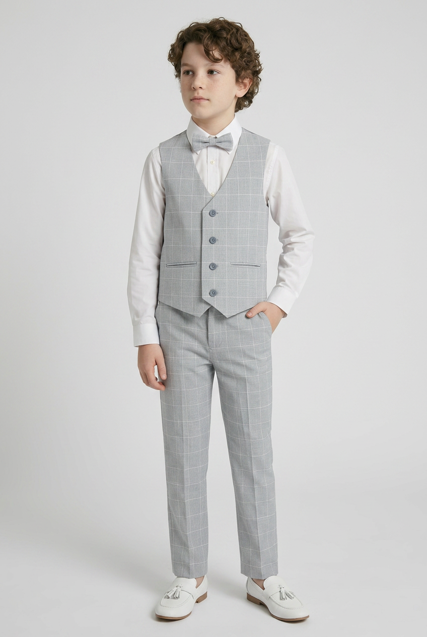 Boys Windowpane Check Grey Waistcoat Set - E-SAM - Light Grey