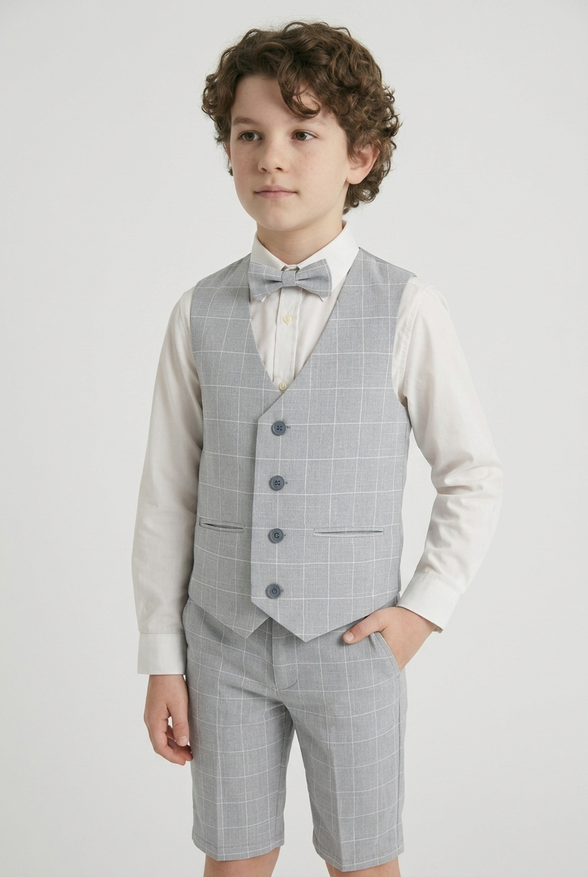 Boys Windowpane Check Grey Waistcoat Set - E-SAM - Light Grey