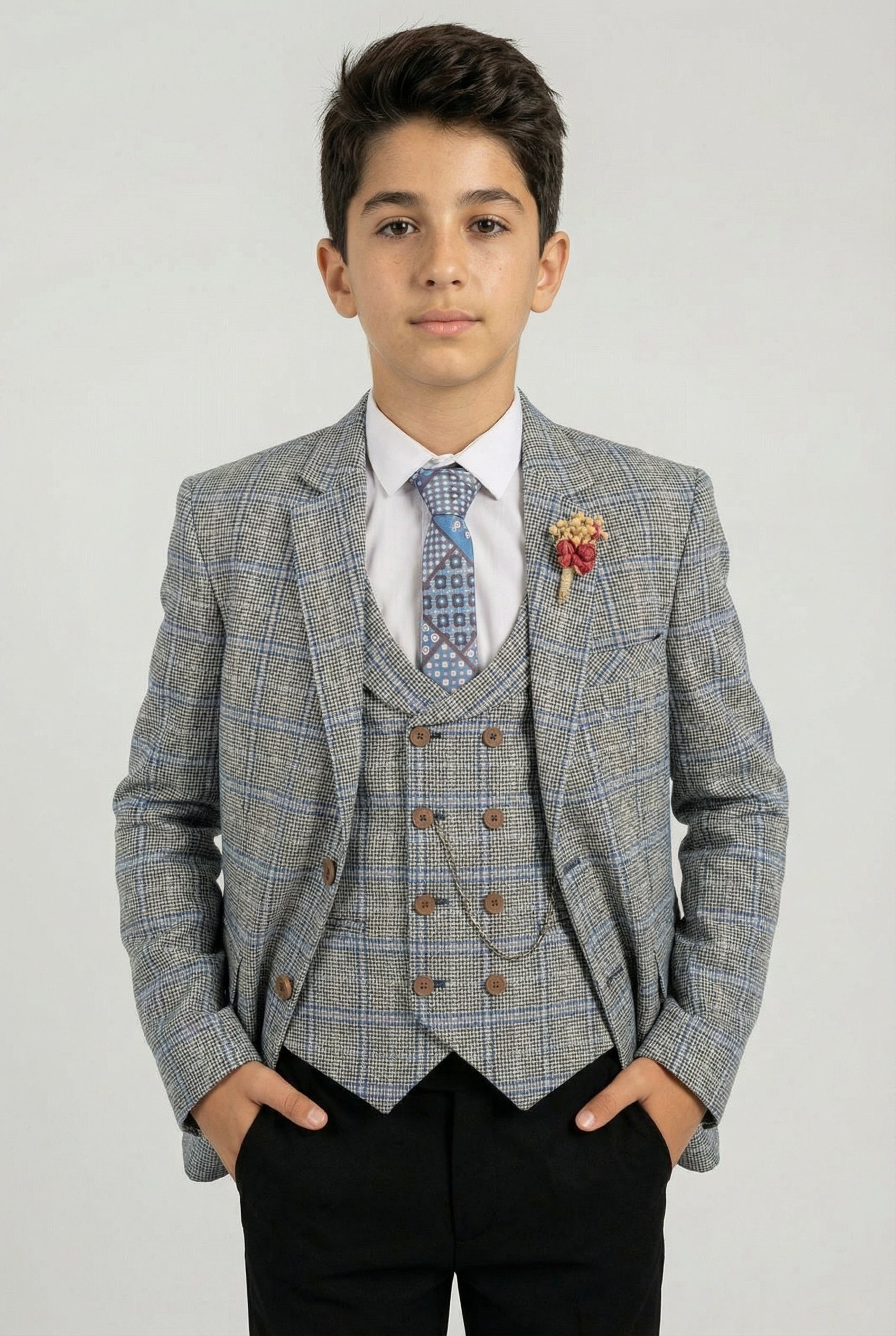 Boys Windowpane Check Slim Fit Suit - Blue - Black