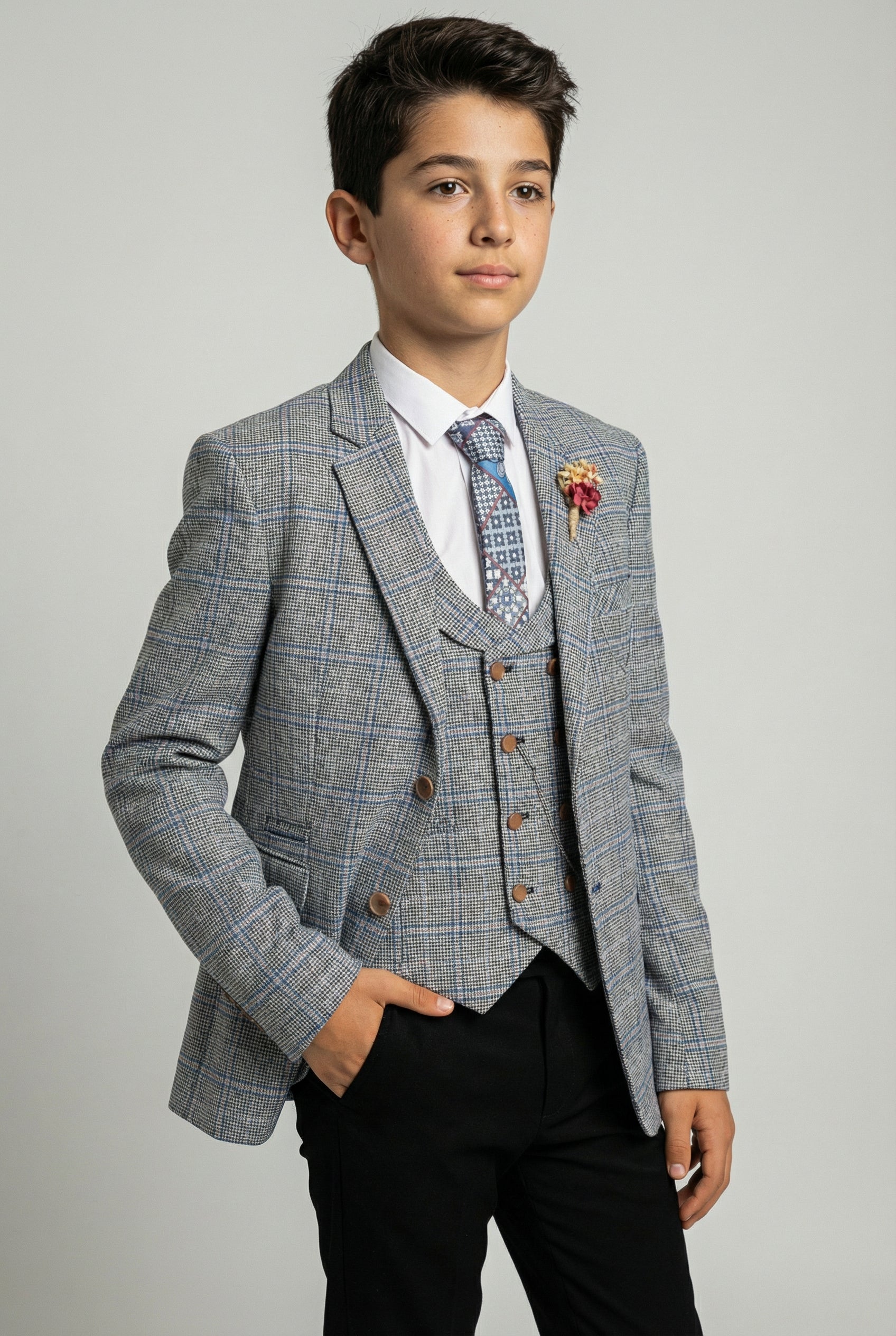Boys Windowpane Check Slim Fit Suit - Blue - Black