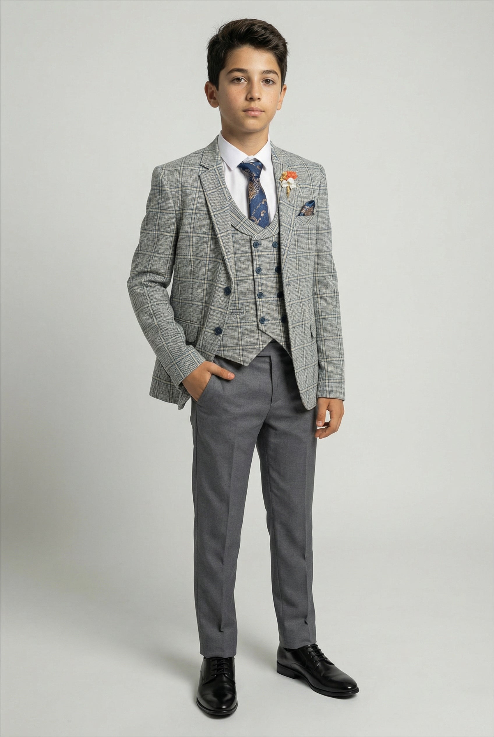 Boys Windowpane Check Slim Fit Suit - Blue - Grey