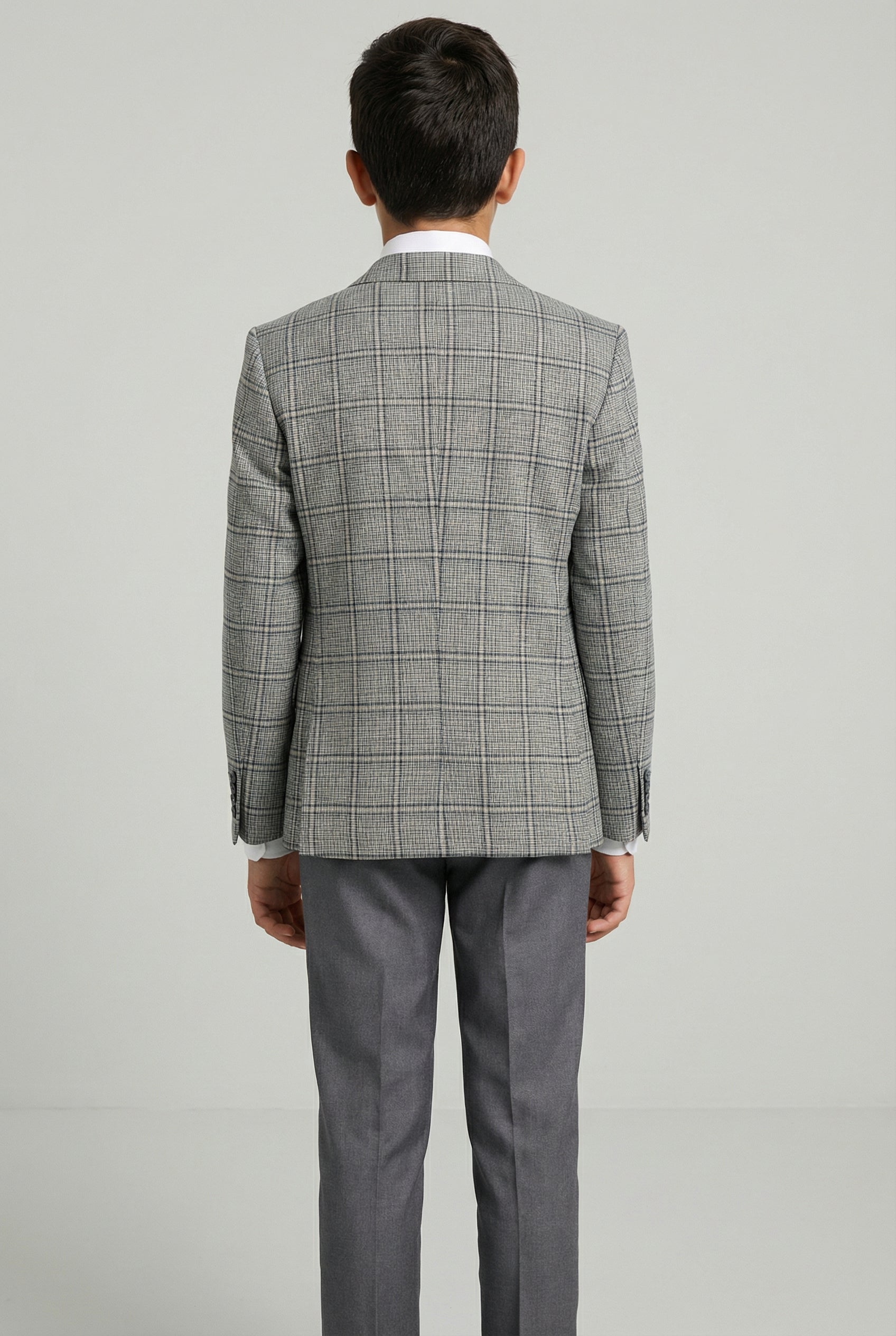 Boys Windowpane Check Slim Fit Suit - Blue - Grey