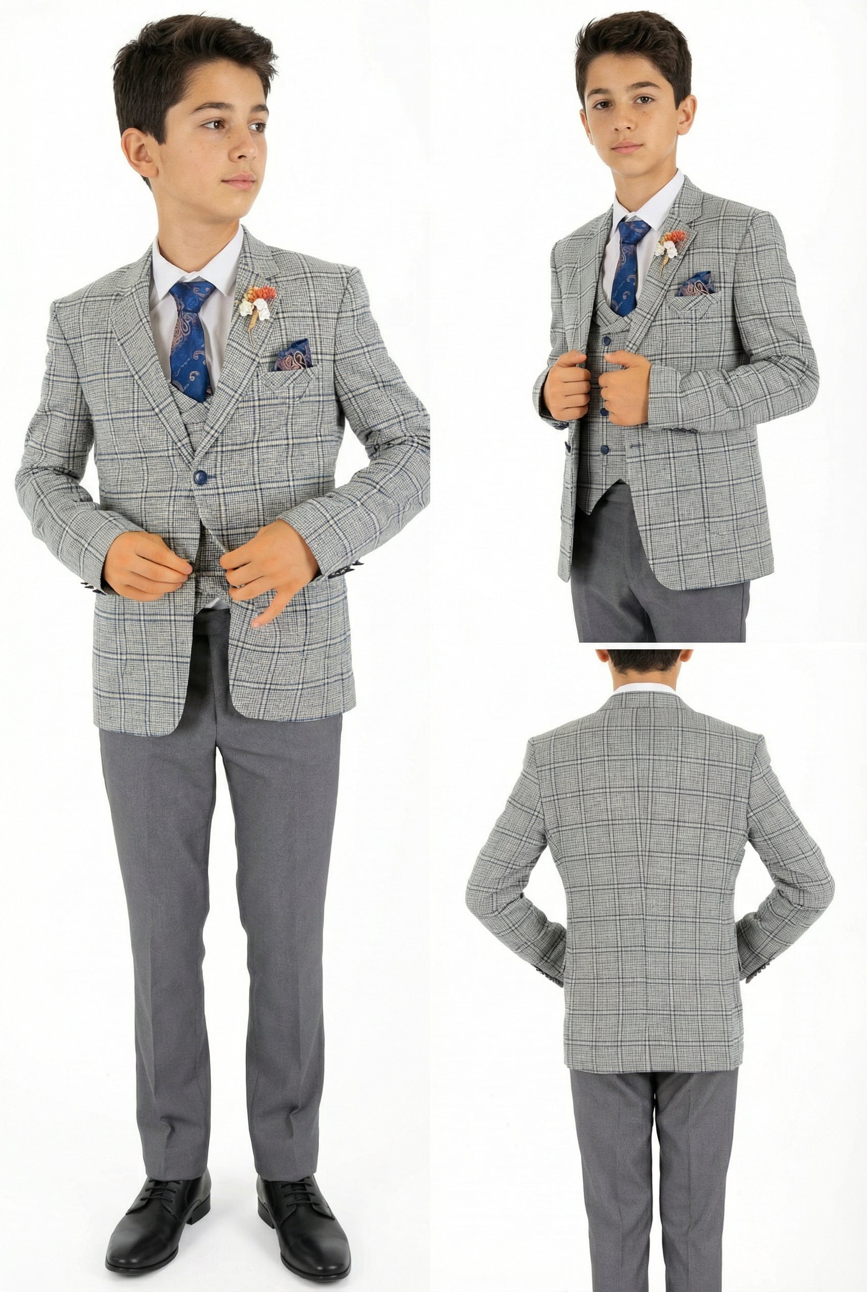 Boys Windowpane Check Slim Fit Suit - Blue - Grey