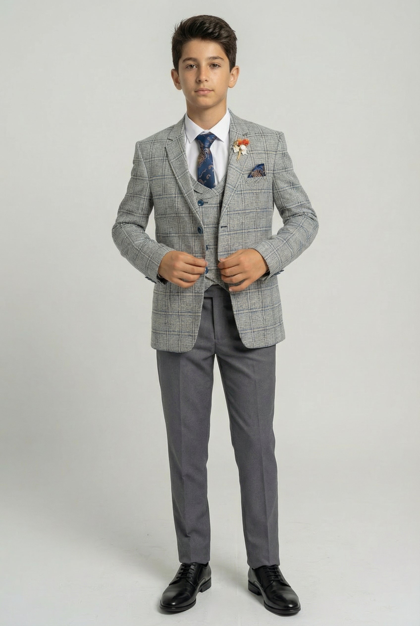 Boys Windowpane Check Slim Fit Suit - Blue - Grey