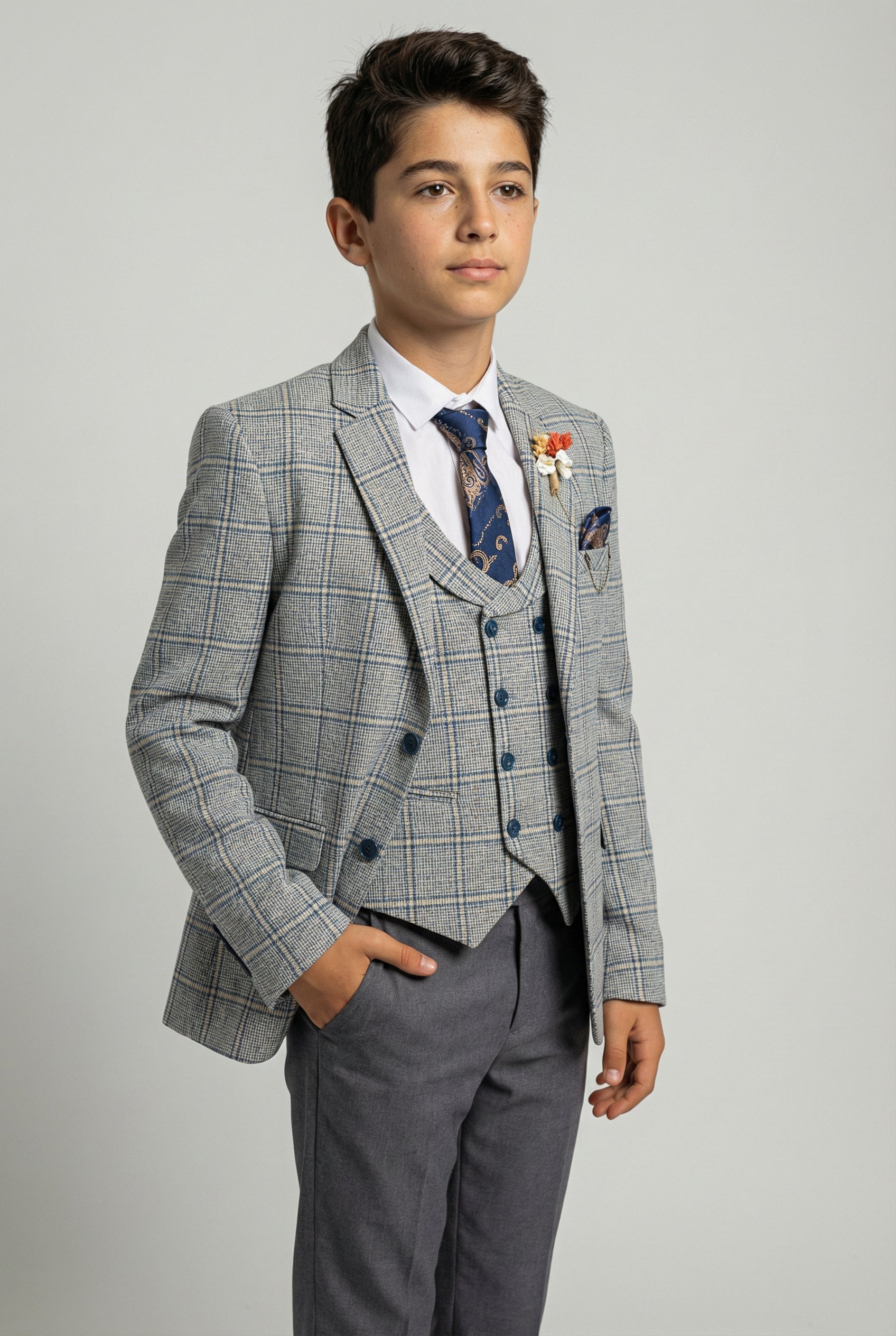 Boys Windowpane Check Slim Fit Suit - Blue - Grey