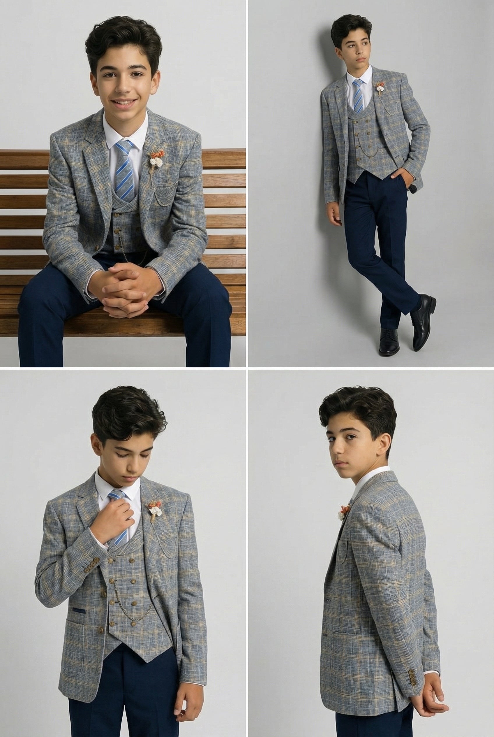 Boys Windowpane Check Slim Fit Suit - Blue