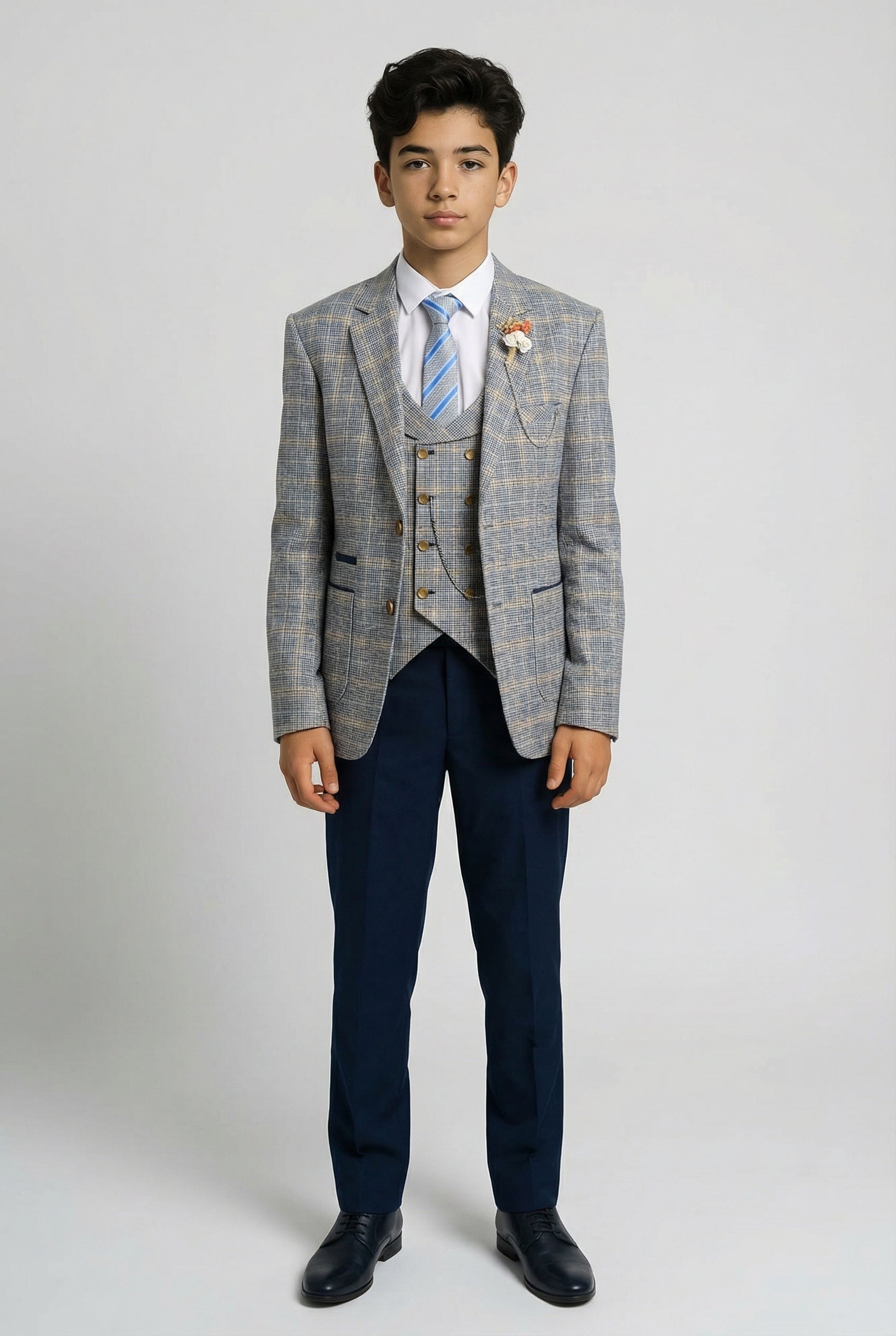 Boys Windowpane Check Slim Fit Suit - Blue