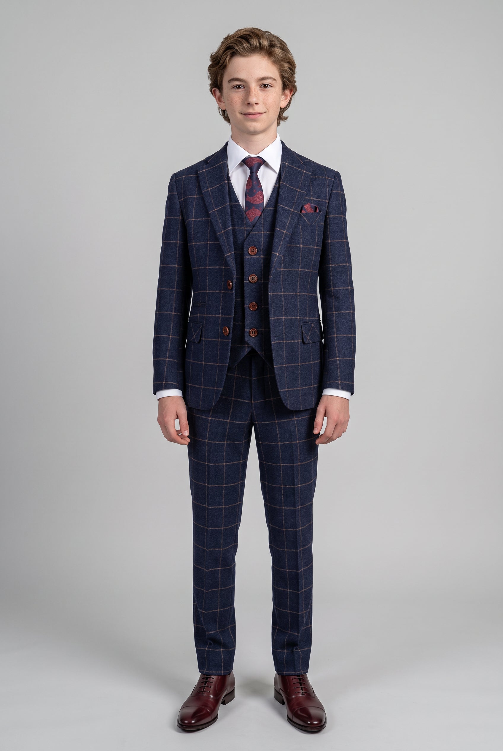 Boys Windowpane Check Slim Fit Suit - Dark Blue - Gold
