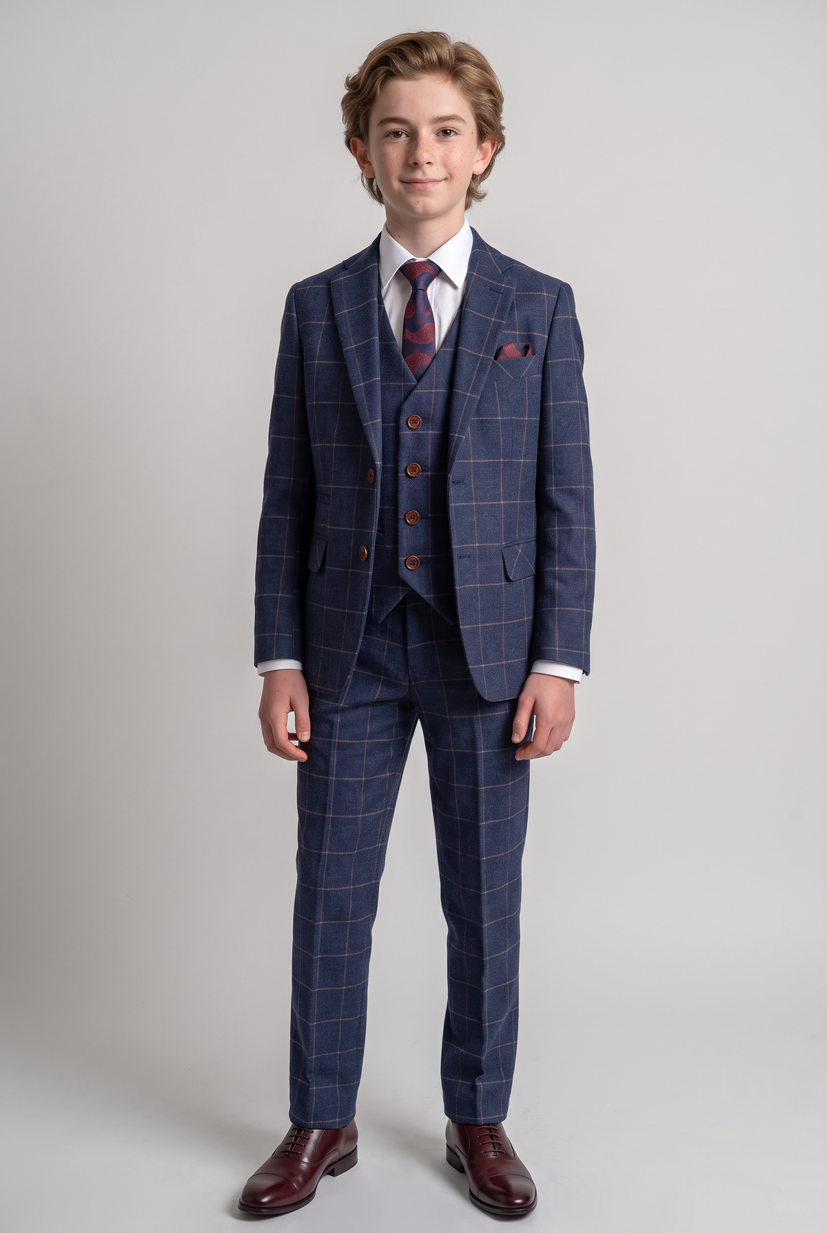 Boys Windowpane Check Slim Fit Suit - Dark Blue - Gold