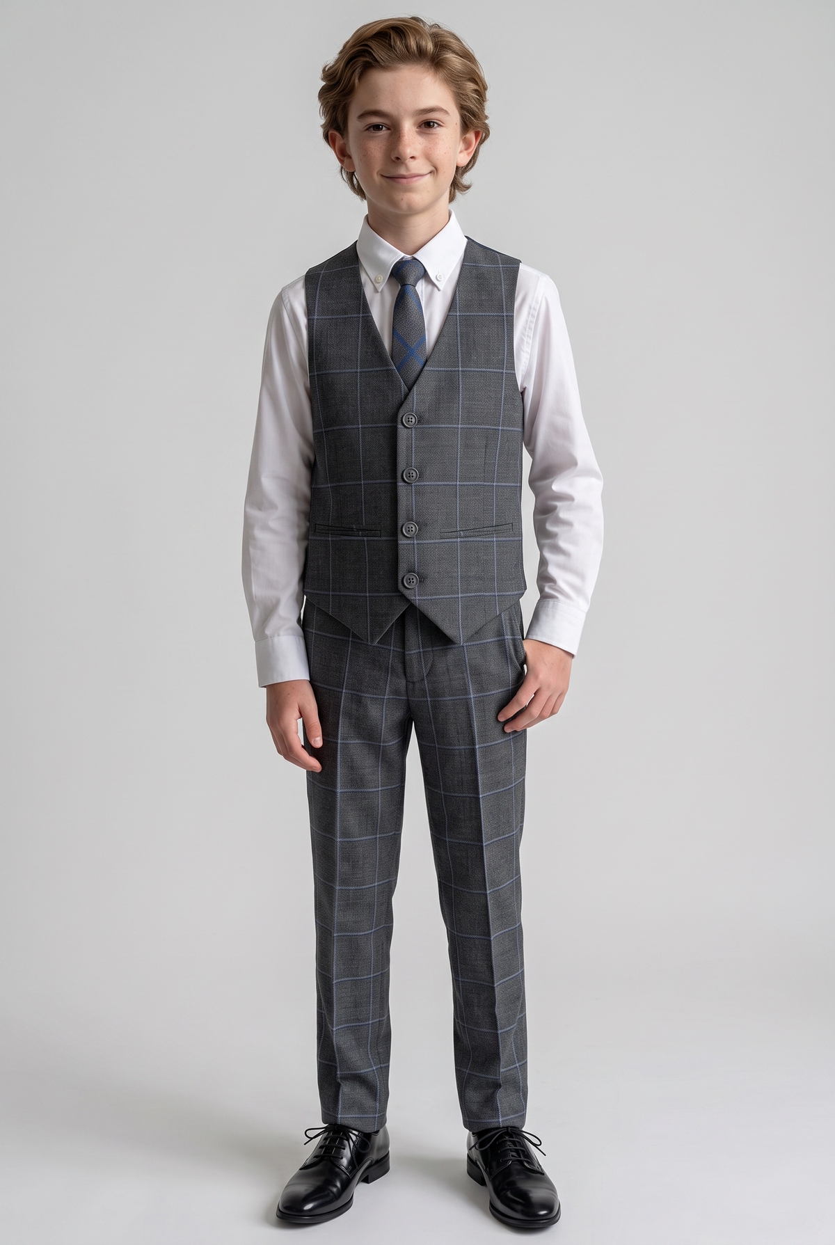 Boys Windowpane Check Slim Fit Suit - Grey - Blue