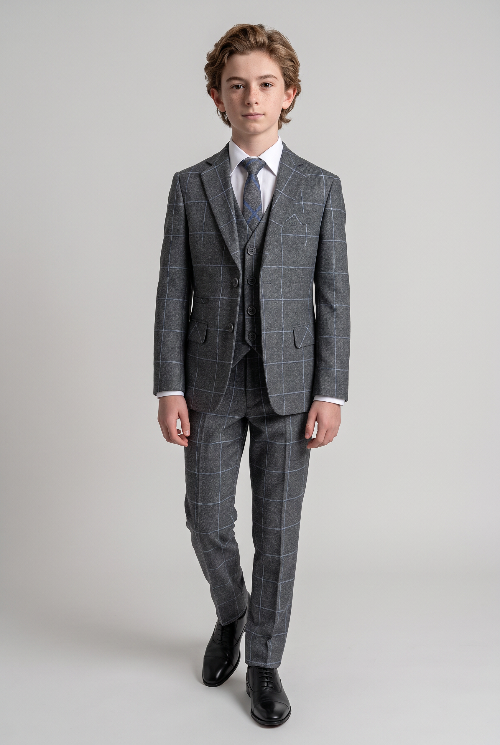 Boys Windowpane Check Slim Fit Suit - Grey - Blue