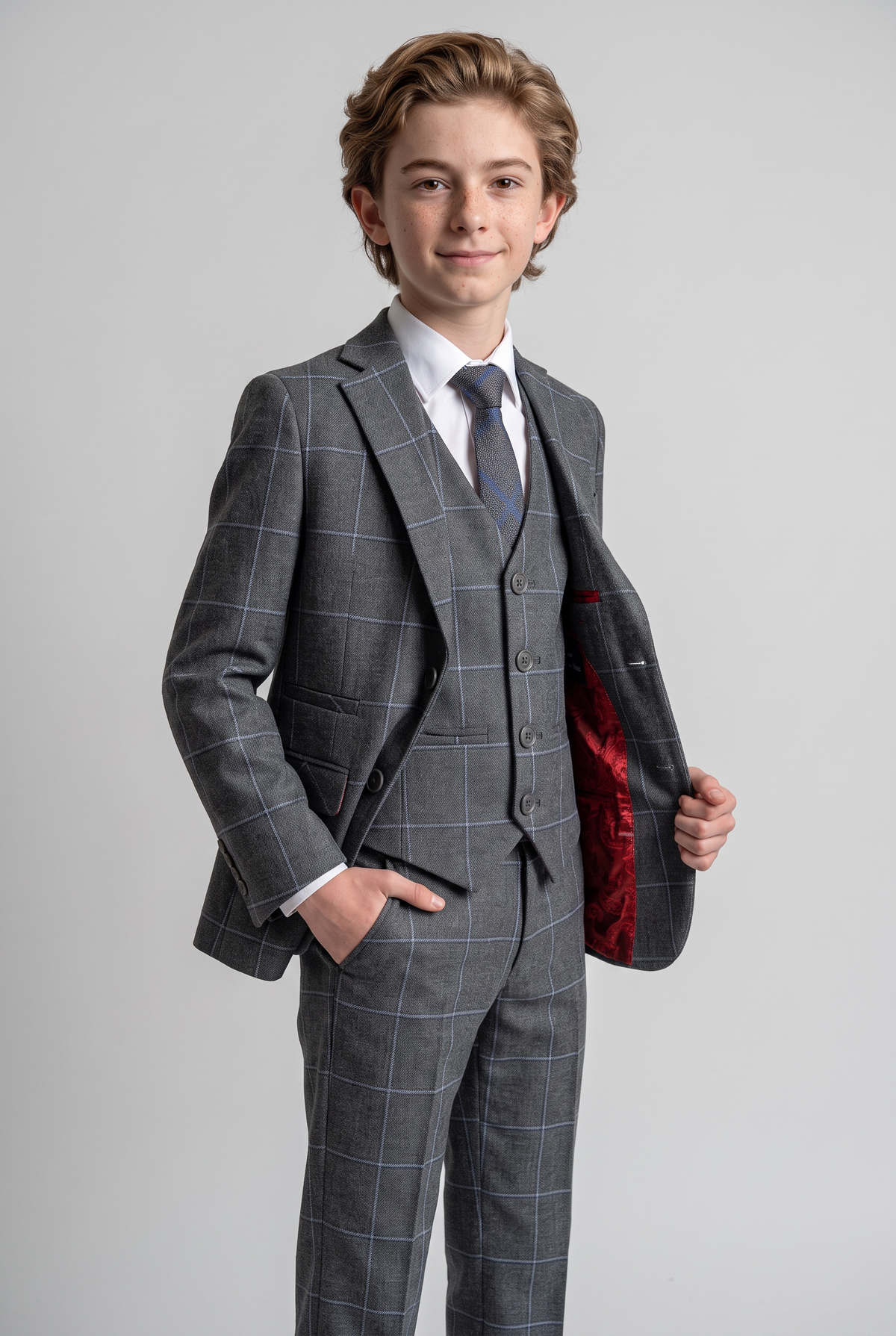 Boys Windowpane Check Slim Fit Suit - Grey - Blue