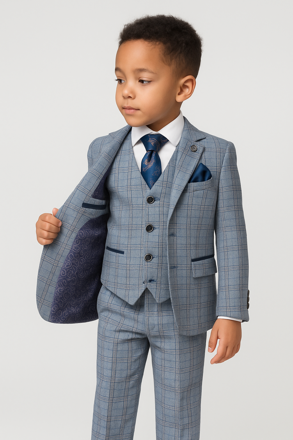 Boys Windowpane Check Slim Fit Suit - LEVI Blue