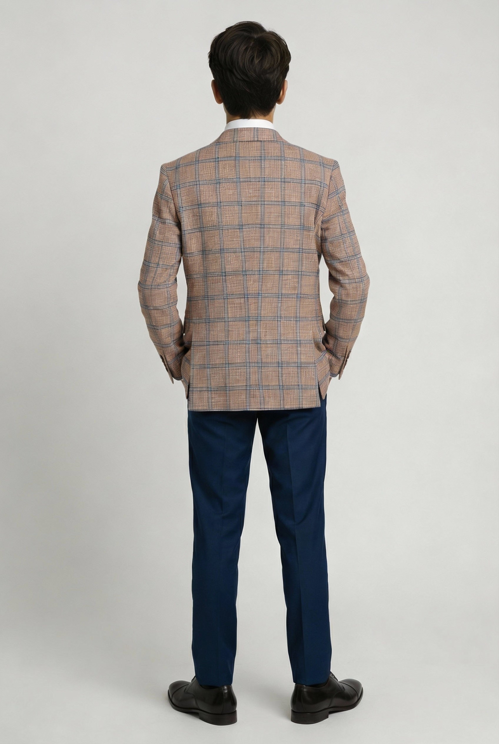 Boys Windowpane Check Slim Fit Suit - Peach - Navy Blue