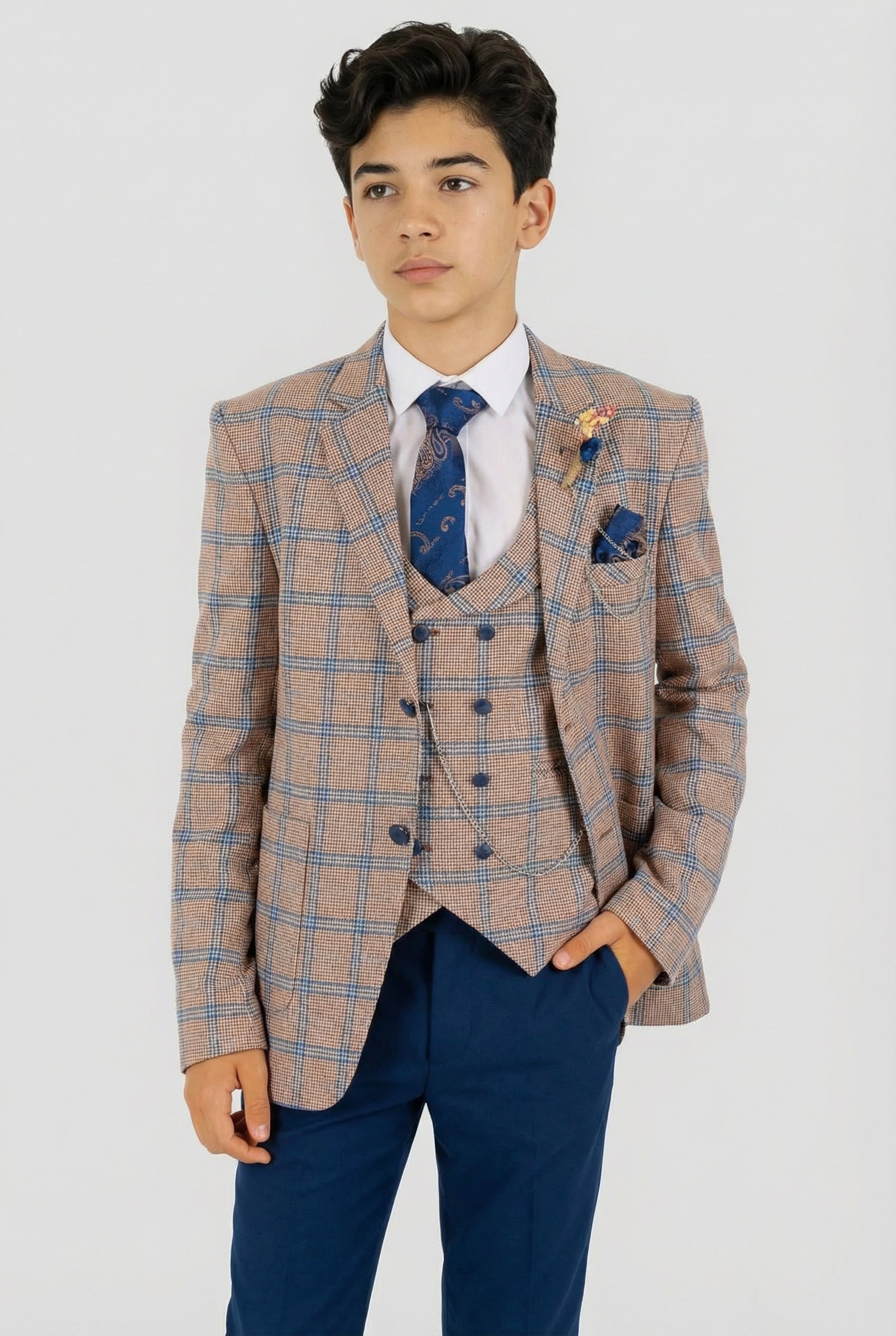Boys Windowpane Check Slim Fit Suit - Peach - Navy Blue