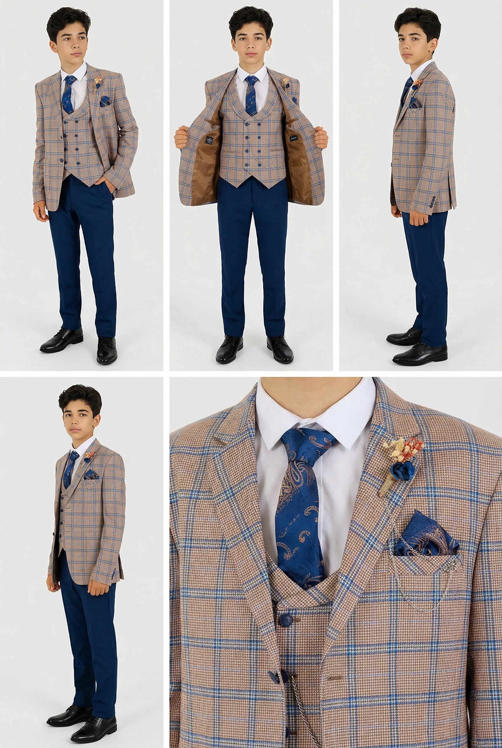 Boys Windowpane Check Slim Fit Suit - Peach - Navy Blue