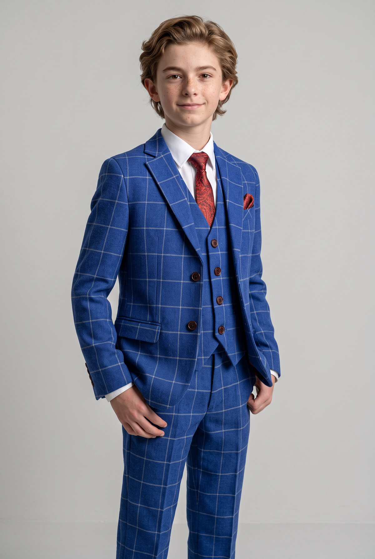 Boys Windowpane Check Slim Fit Suit - Royal Blue