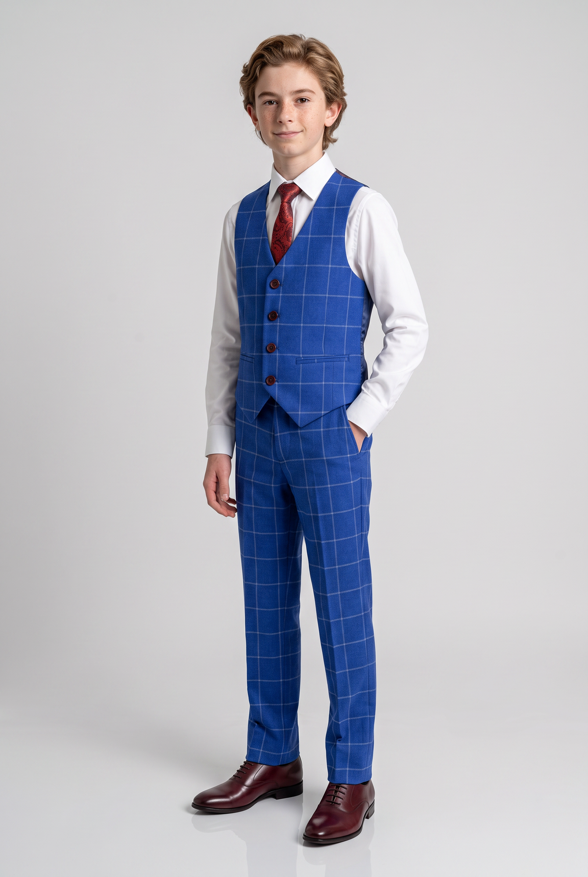 Boys Windowpane Check Slim Fit Suit - Royal Blue