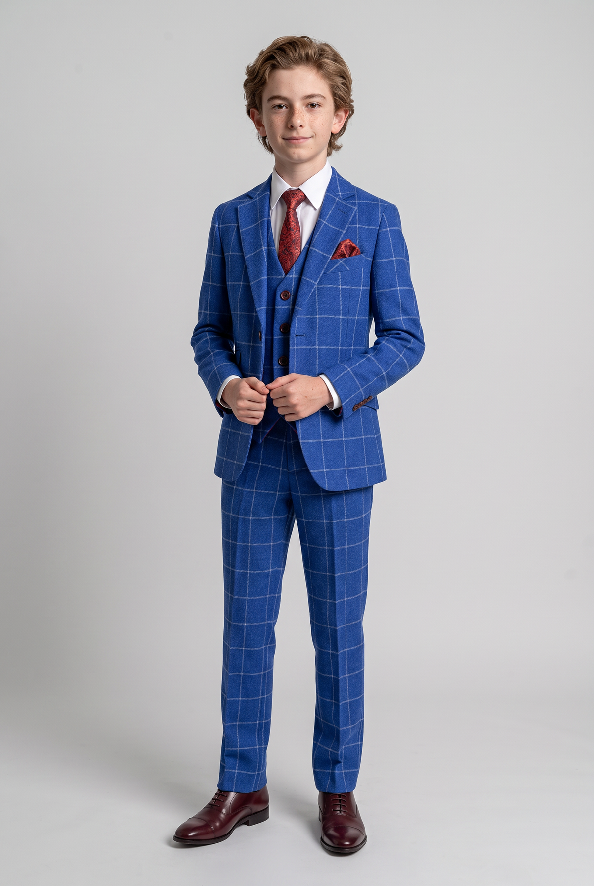 Boys Windowpane Check Slim Fit Suit - Royal Blue