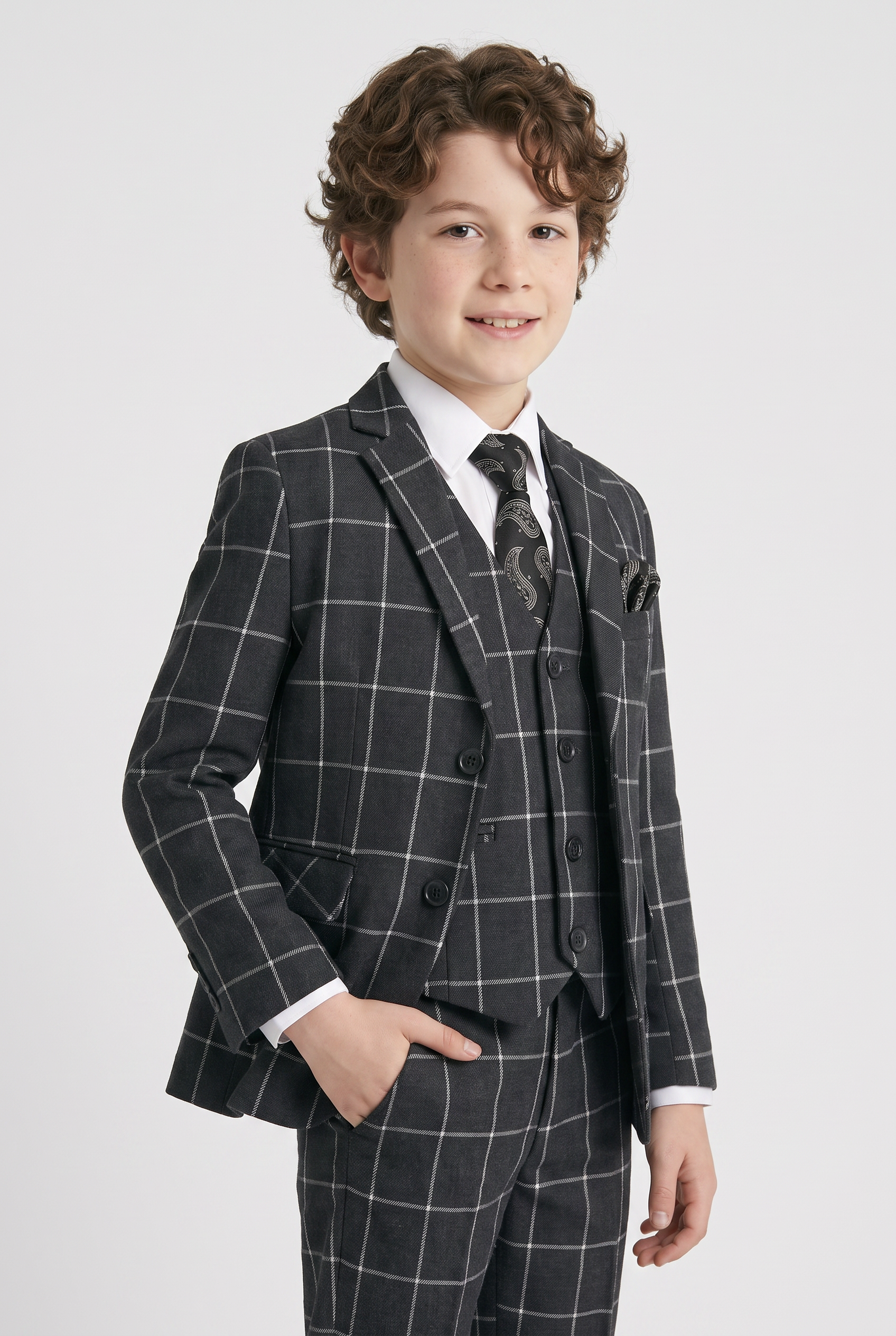 Boys Windowpane Check Suit Set - Charcoal Grey