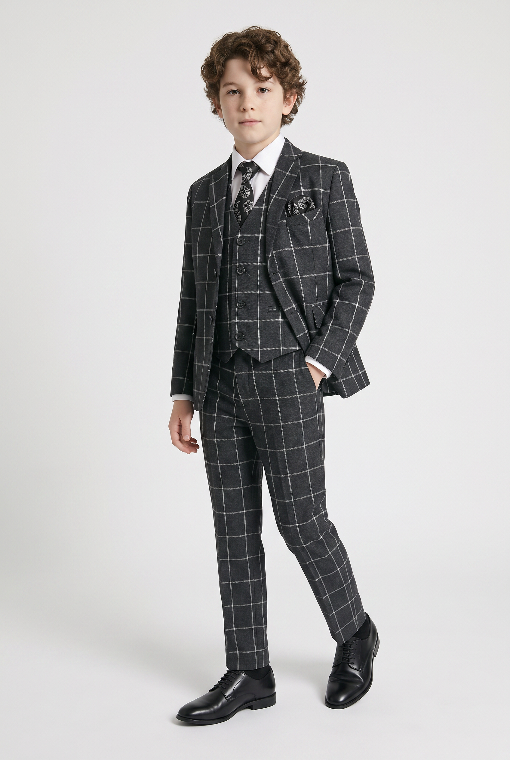 Boys Windowpane Check Suit Set - Charcoal Grey