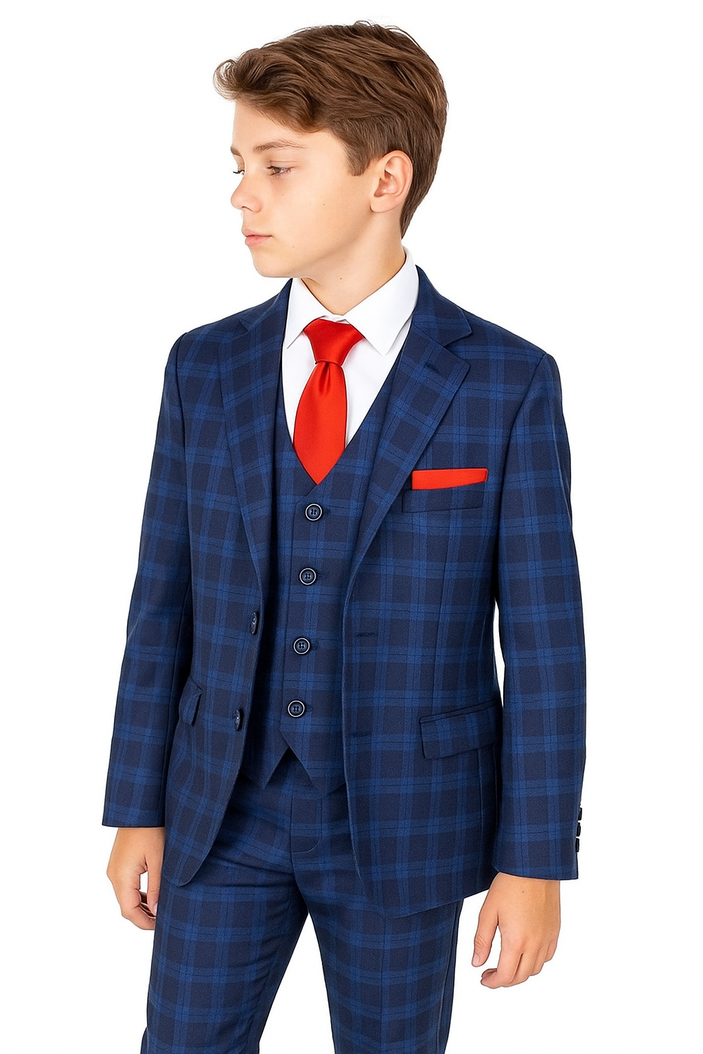 Boys Windowpane Check Tweed Tailored Fit Suit - Dark Blue Model Picture
