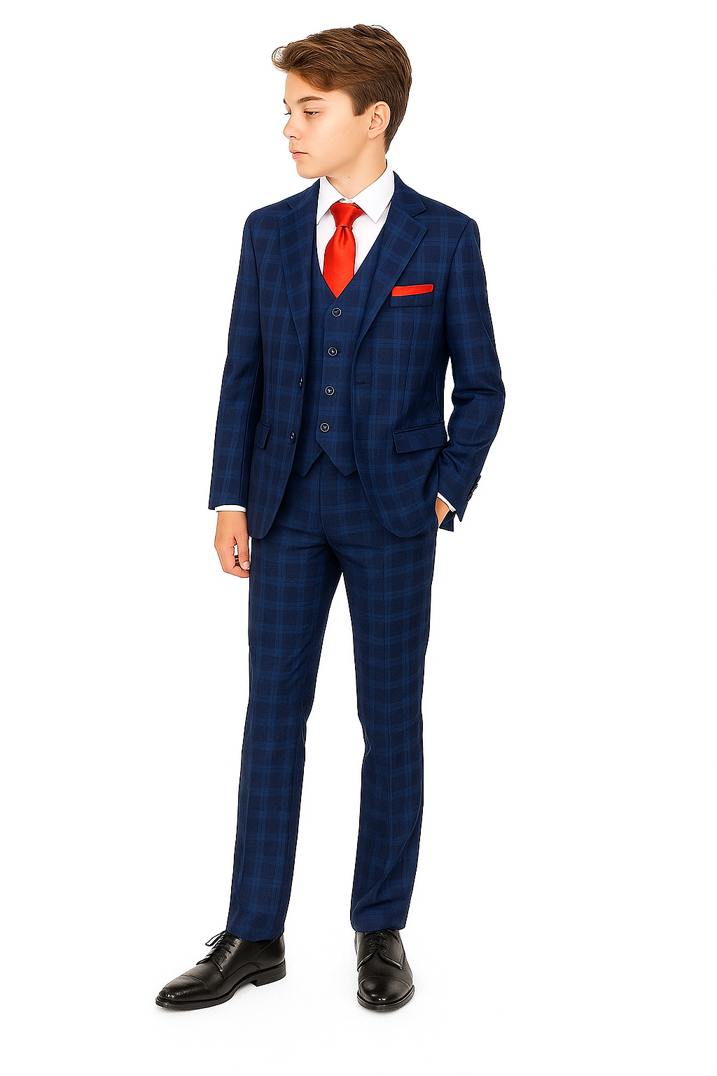 Boys Windowpane Check Tweed Tailored Fit Suit - Dark Blue Front Picture