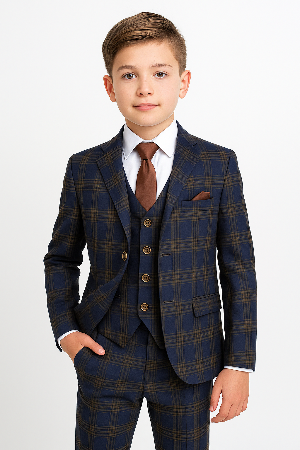 Boys Windowpane Check Tweed Tailored Fit Suit - Navy Blue - Brown