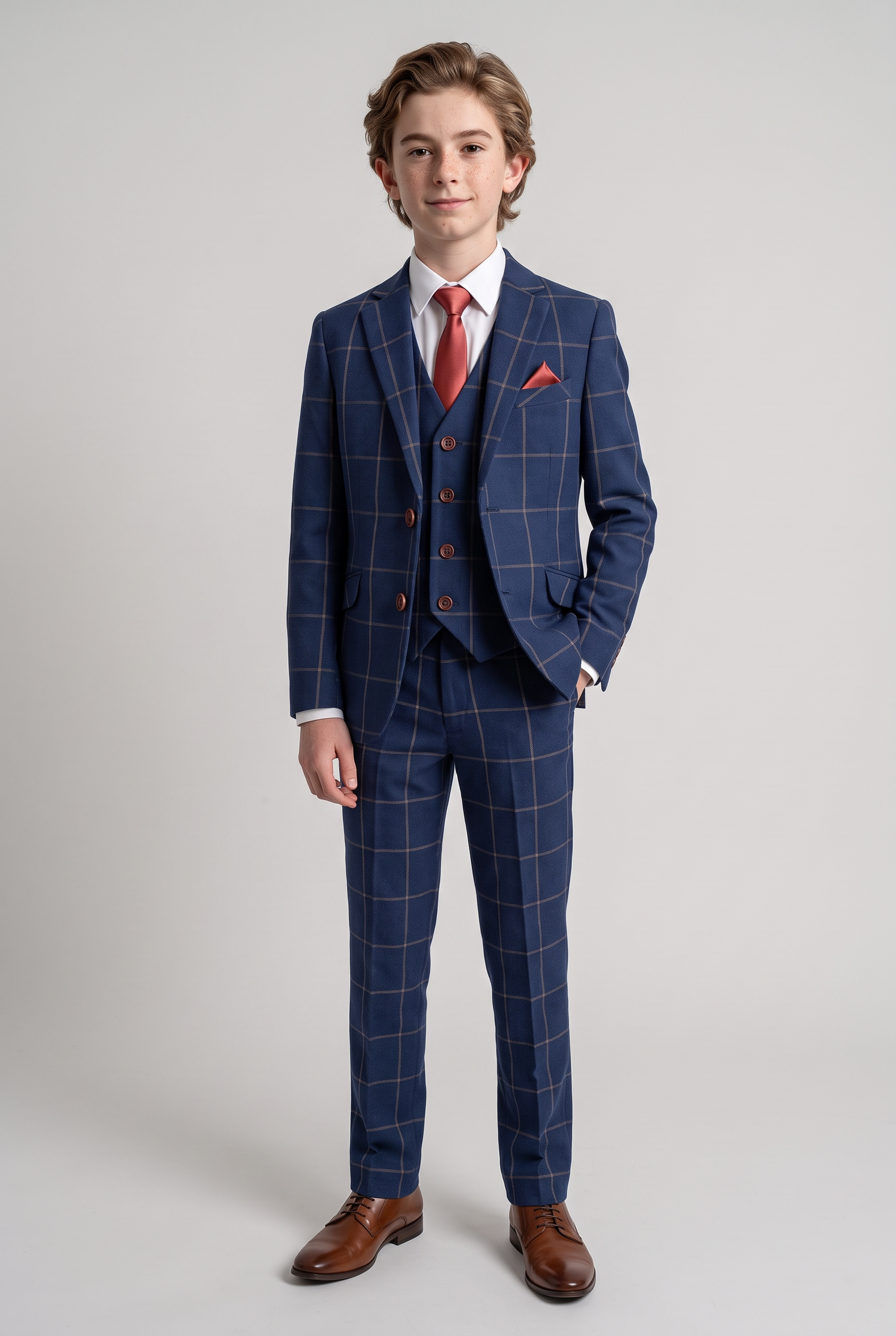 Boys Windowpane Check Woven Effect Navy Suit Set - Navy blue- Brown