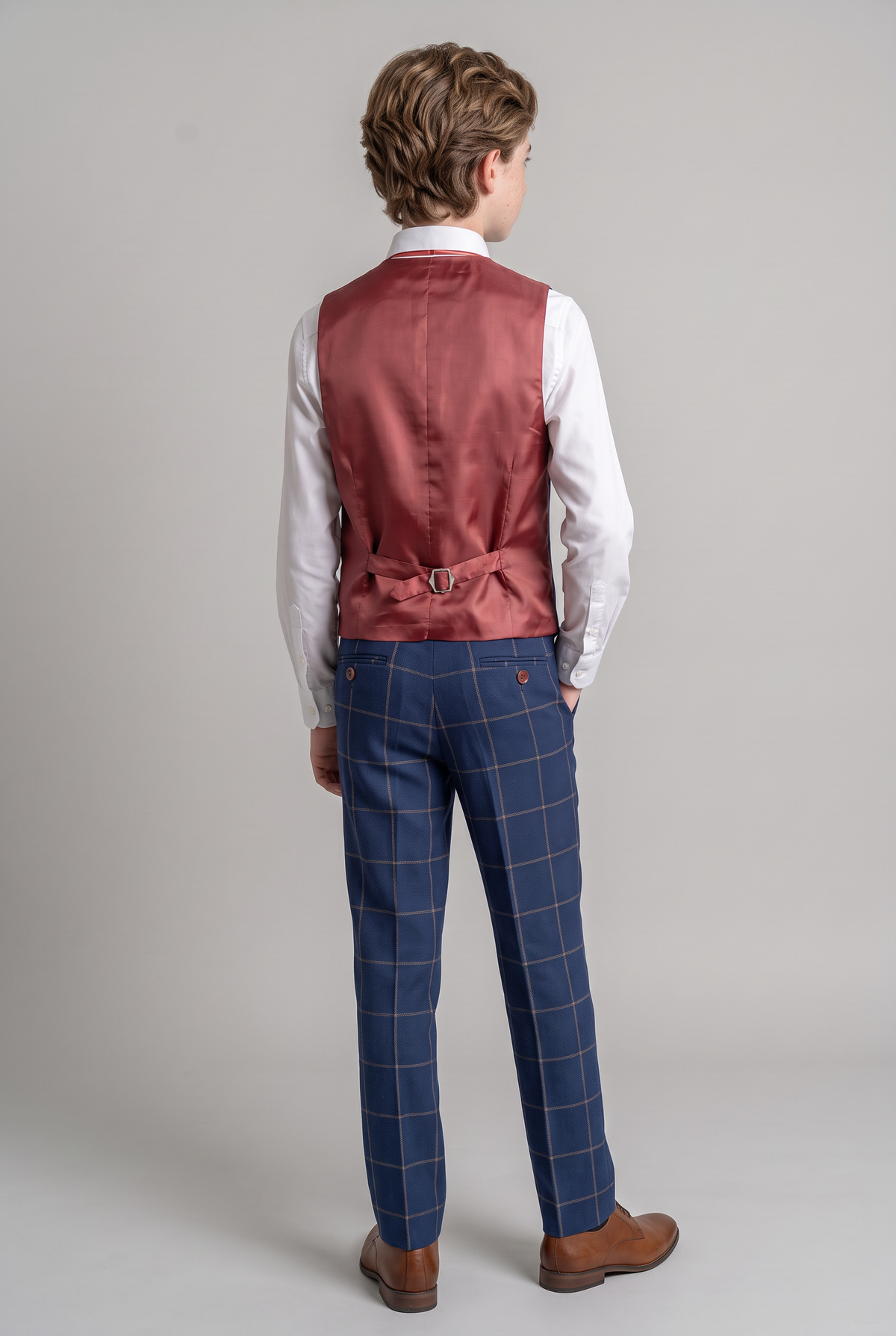 Boys Windowpane Check Woven Effect Navy Suit Set - Navy blue- Brown