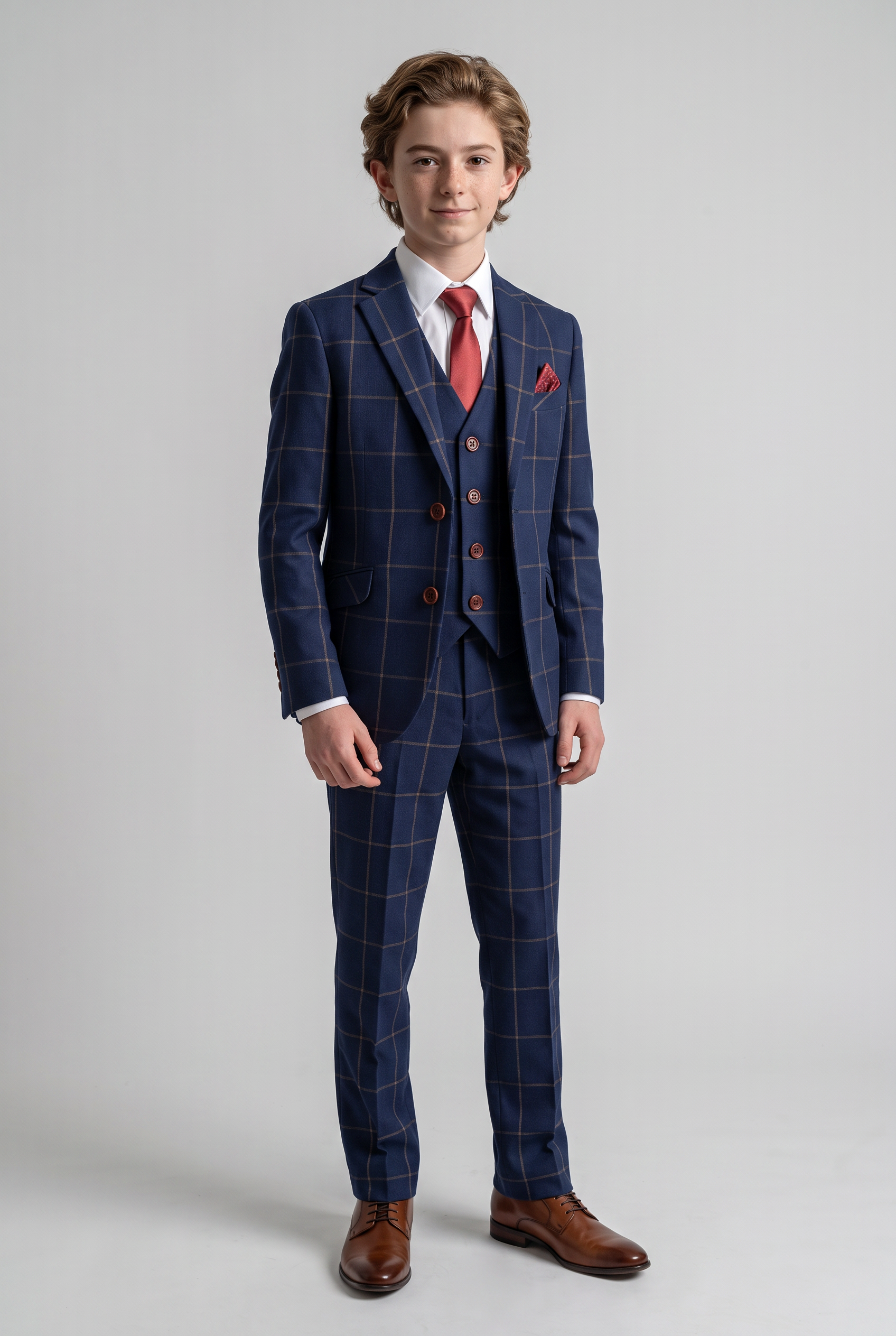 Boys Windowpane Check Woven Effect Navy Suit Set - Navy blue- Brown