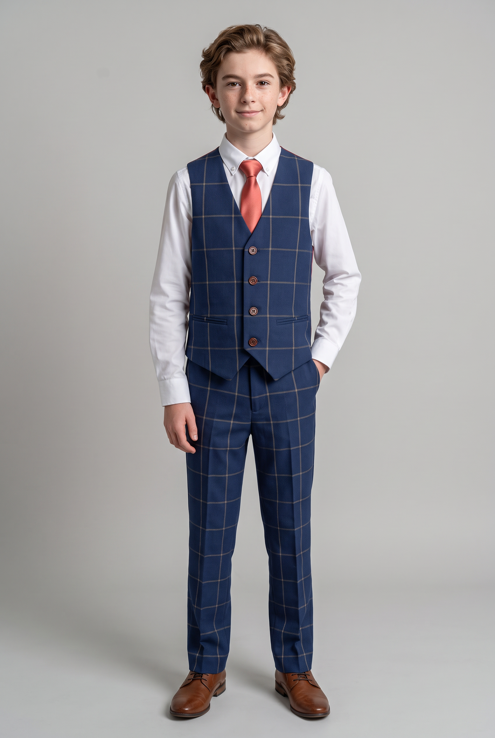 Boys Windowpane Check Woven Effect Navy Suit Set - Navy blue- Brown