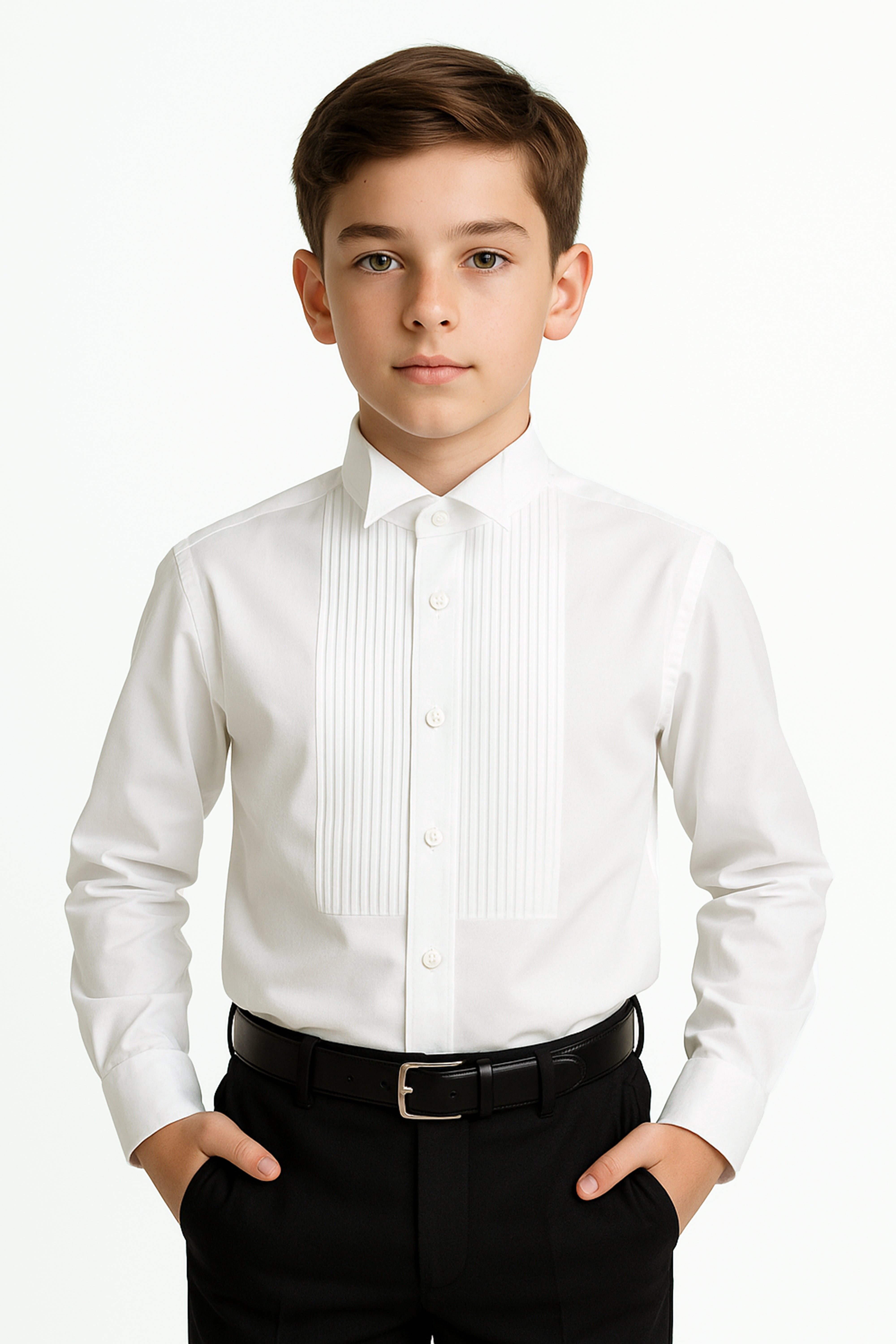 Boys Wing Collar Pleated Cream Cufflink Shirt - Cream Front Picture