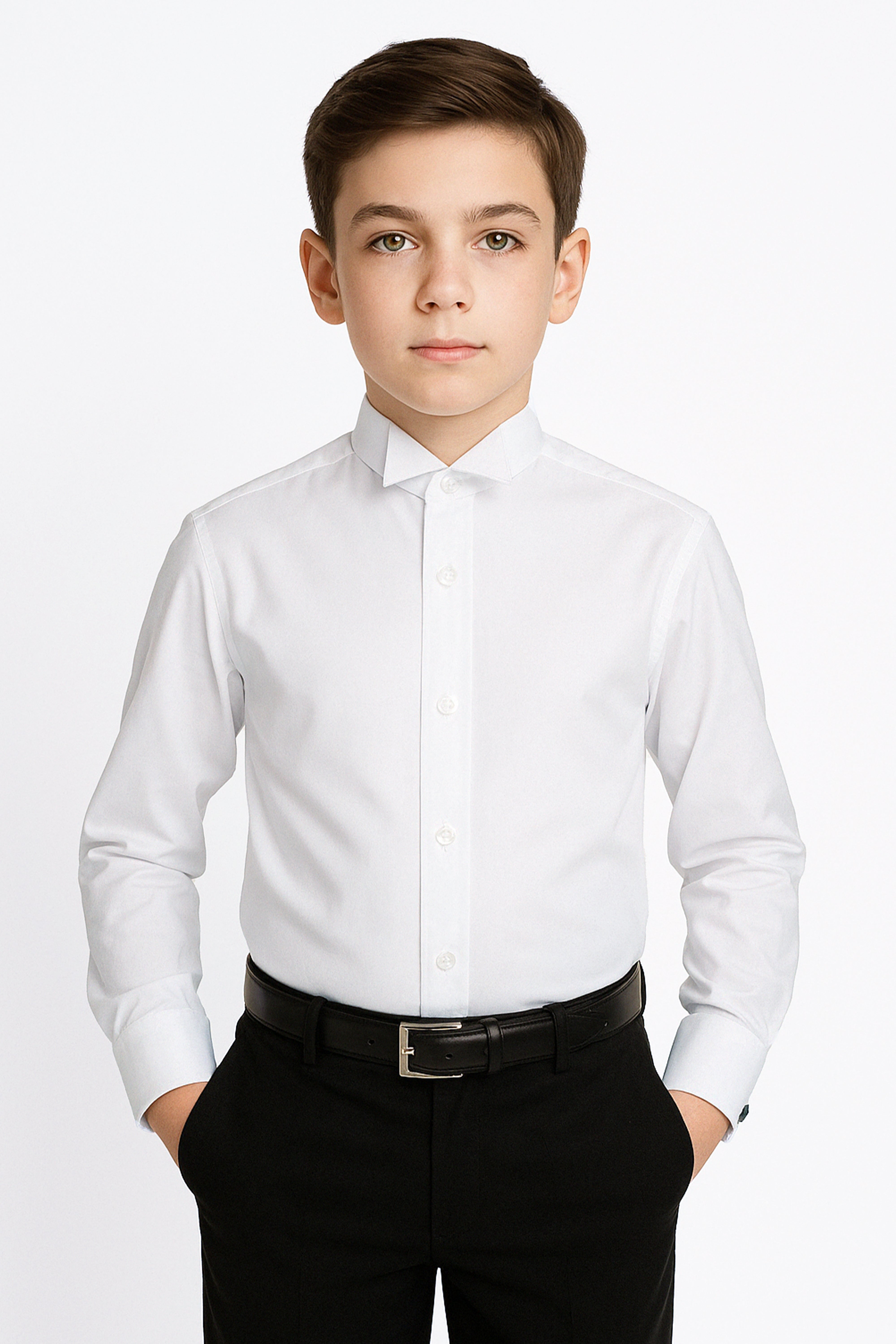 Boys Wing Collar Tuxedo Cufflink White Shirt - White Front Picture