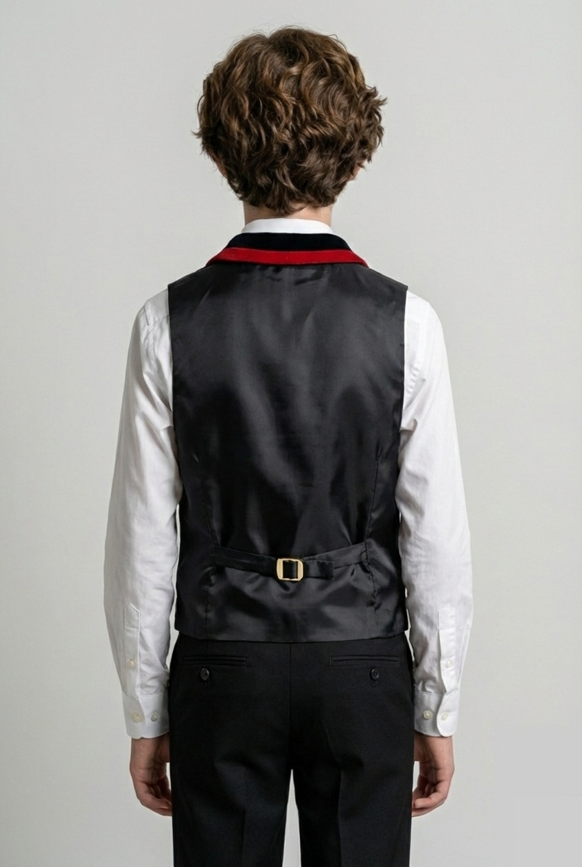 Boys Winged Collar Velvet Black Waistcoat - Black