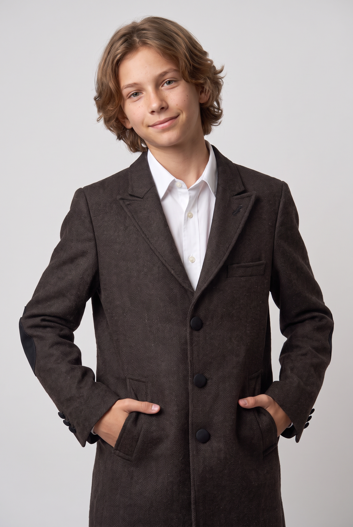 Boys Wool Tweed Herringbone Overcoat - Dark Brown