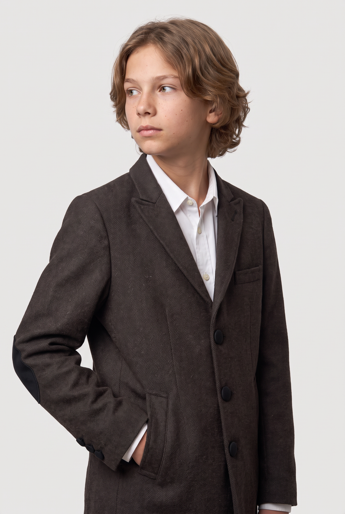 Boys Wool Tweed Herringbone Overcoat - Dark Brown