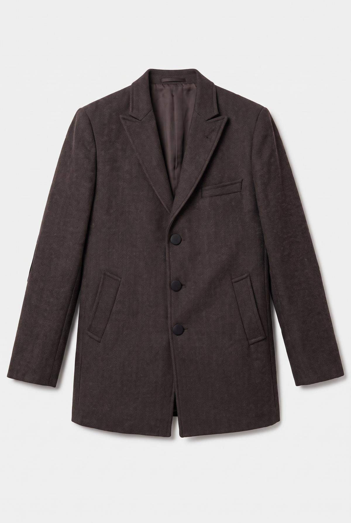 Boys Wool Tweed Herringbone Overcoat - Dark Brown