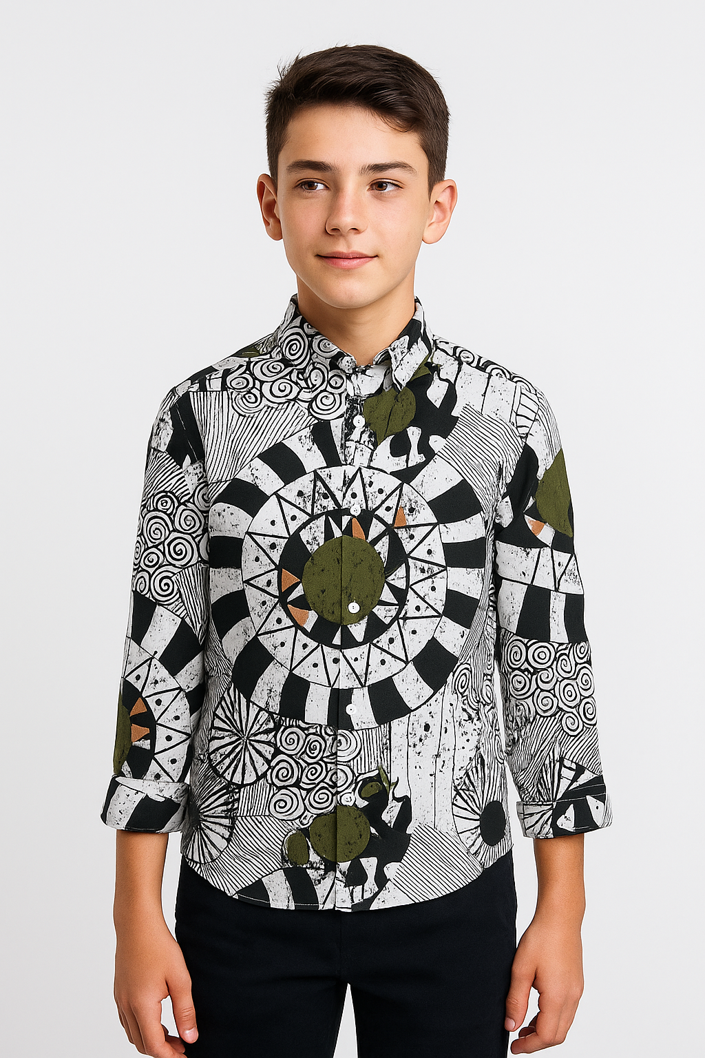 Boys Zen Doodle Printed Fashion Shirt - White-Green Model Picture