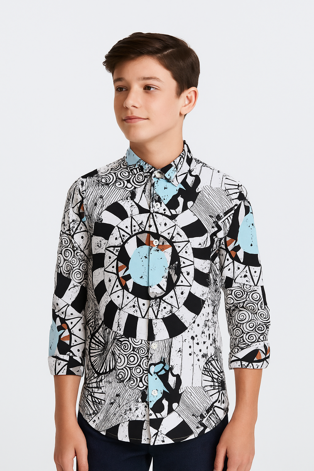 Boys Zen Doodle Printed Fashion Shirt - White- Blue Model Picture