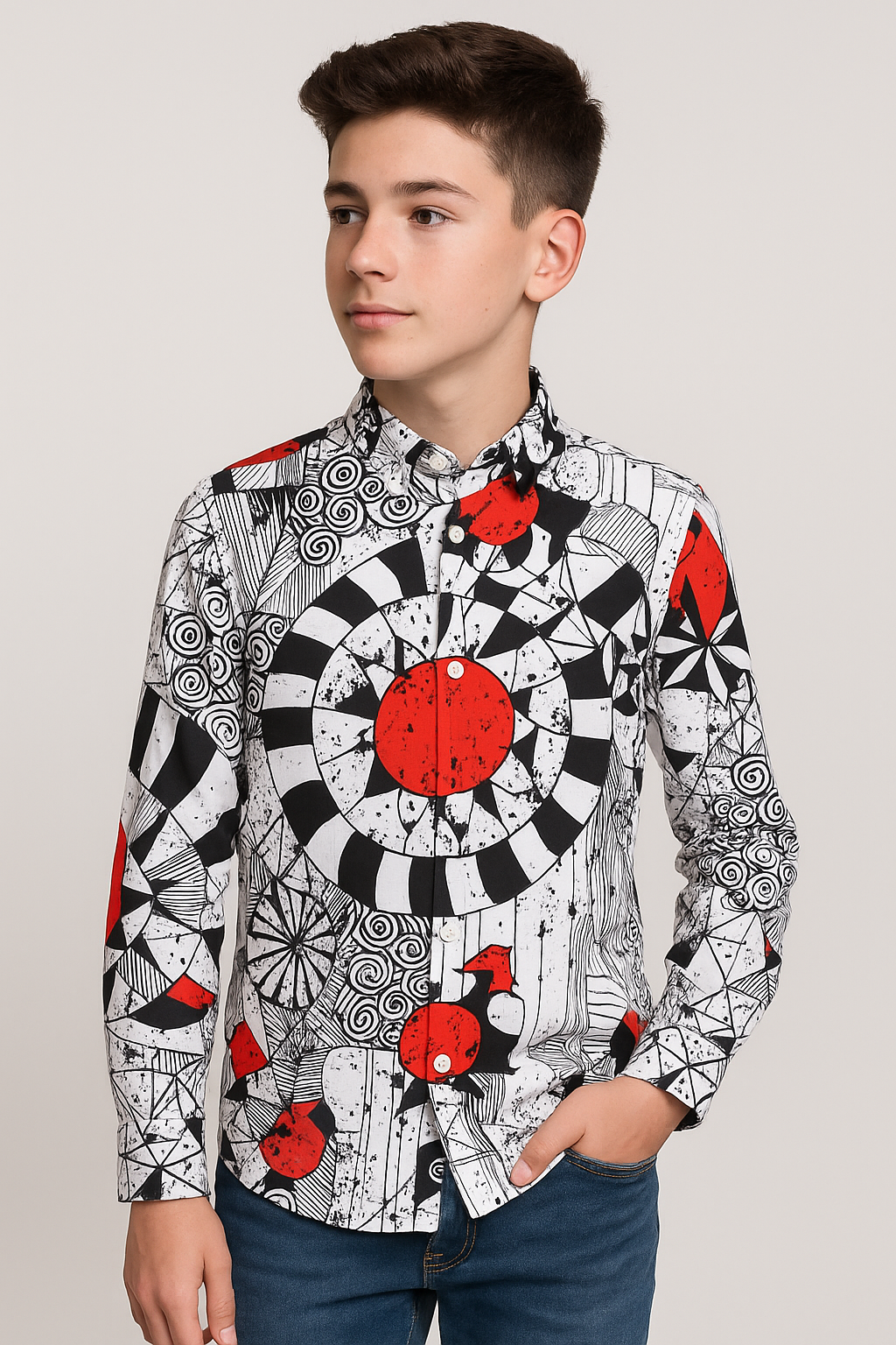 Boys Zen Doodle Printed Fashion Shirt - White- Red Model Picture