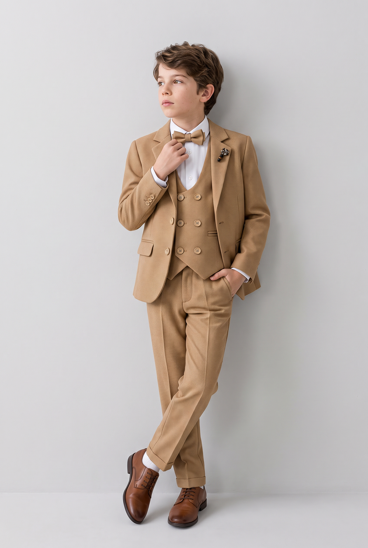 Boys 5-Piece Textured Suit with Double Breasted Waistcoat - Sota Tan Model Front Picture