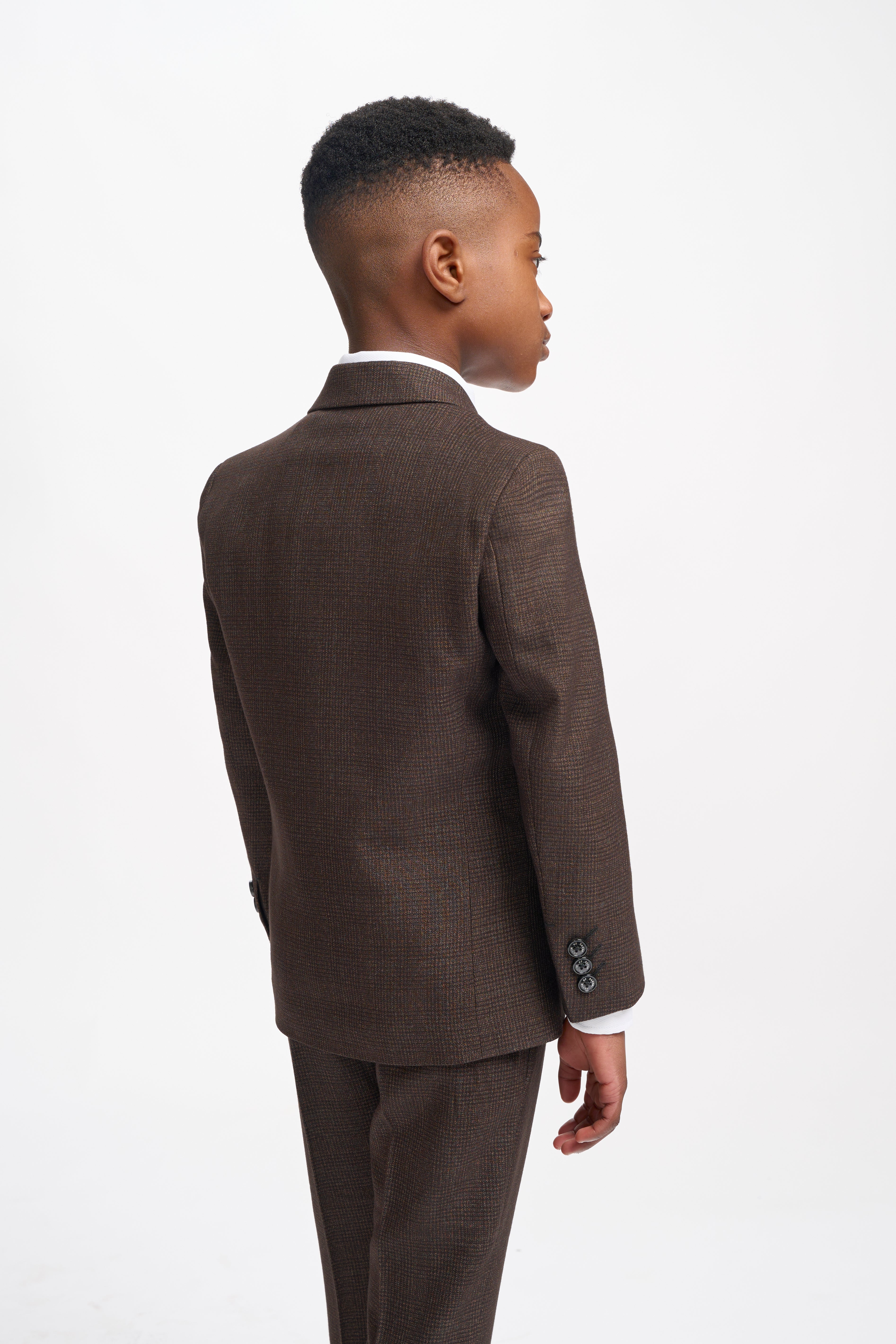 Father & Son Matching Glen Check Wool Tweed 3-Piece Suit Set - Caridi Brown