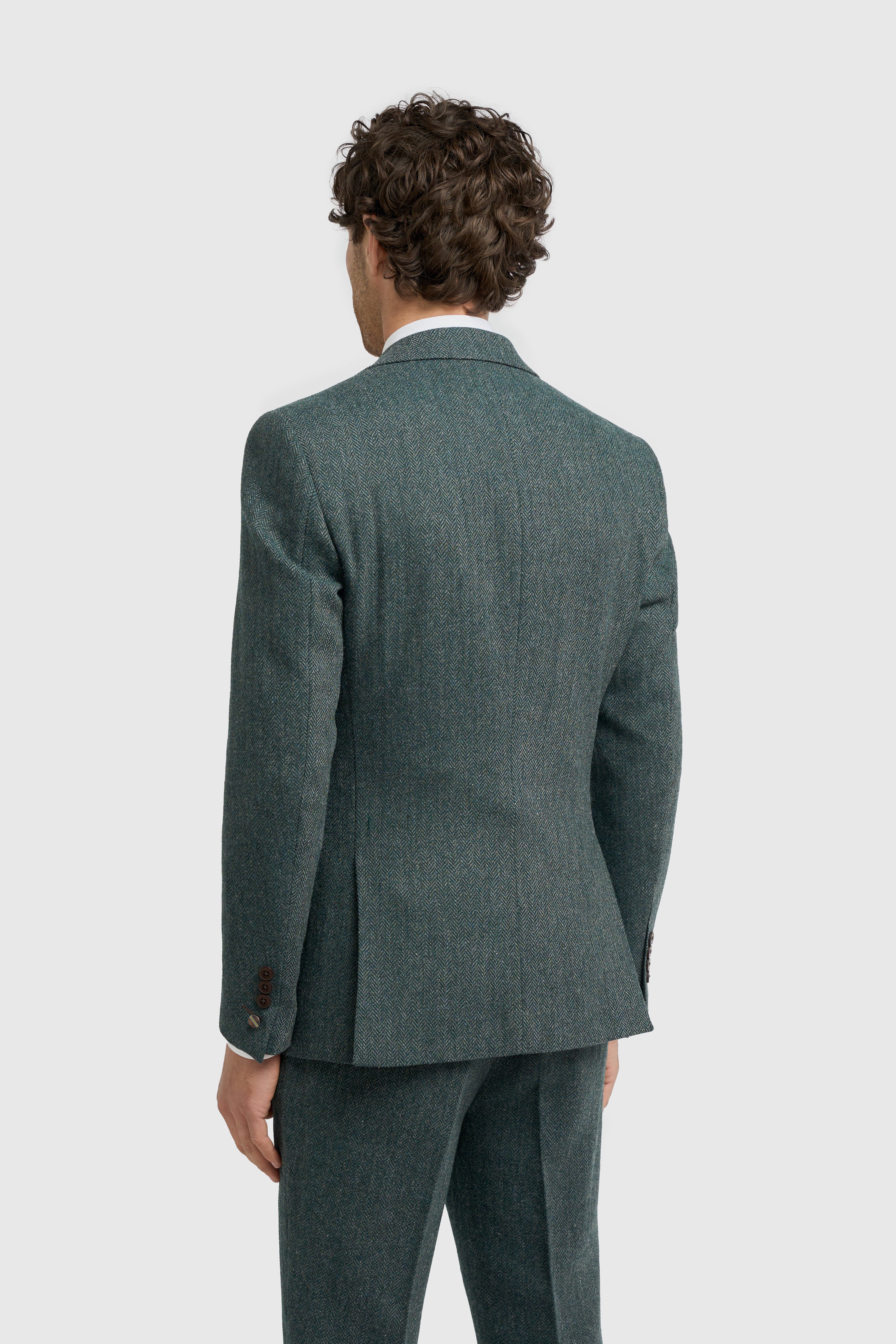 Men’s Wool Herringbone Tweed Suit Jacket - Thomas - Olive Green Back Picture