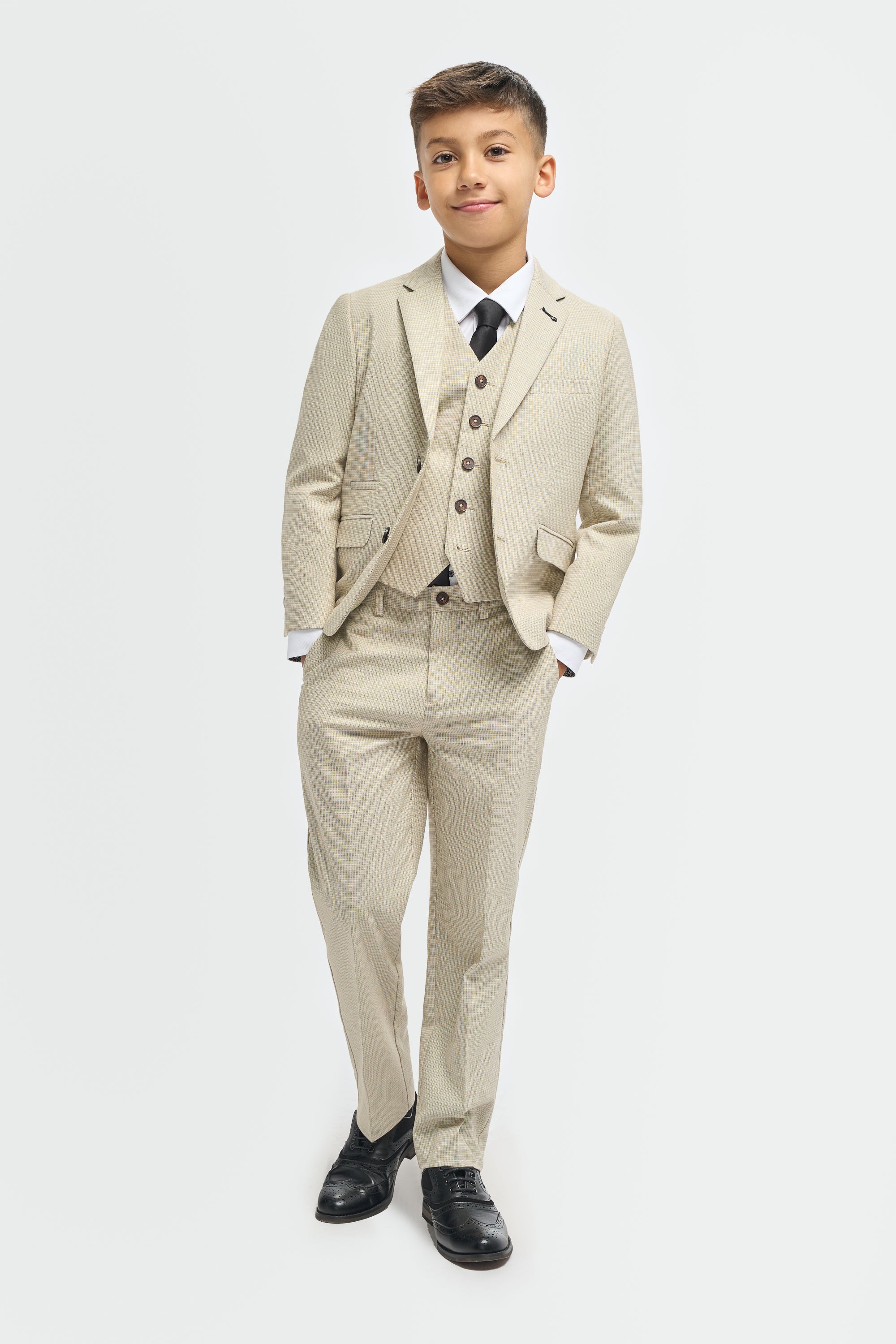 Boys’ 3-Piece Beige Cotton Microcheck Suit - Hampton  Model Front Picture