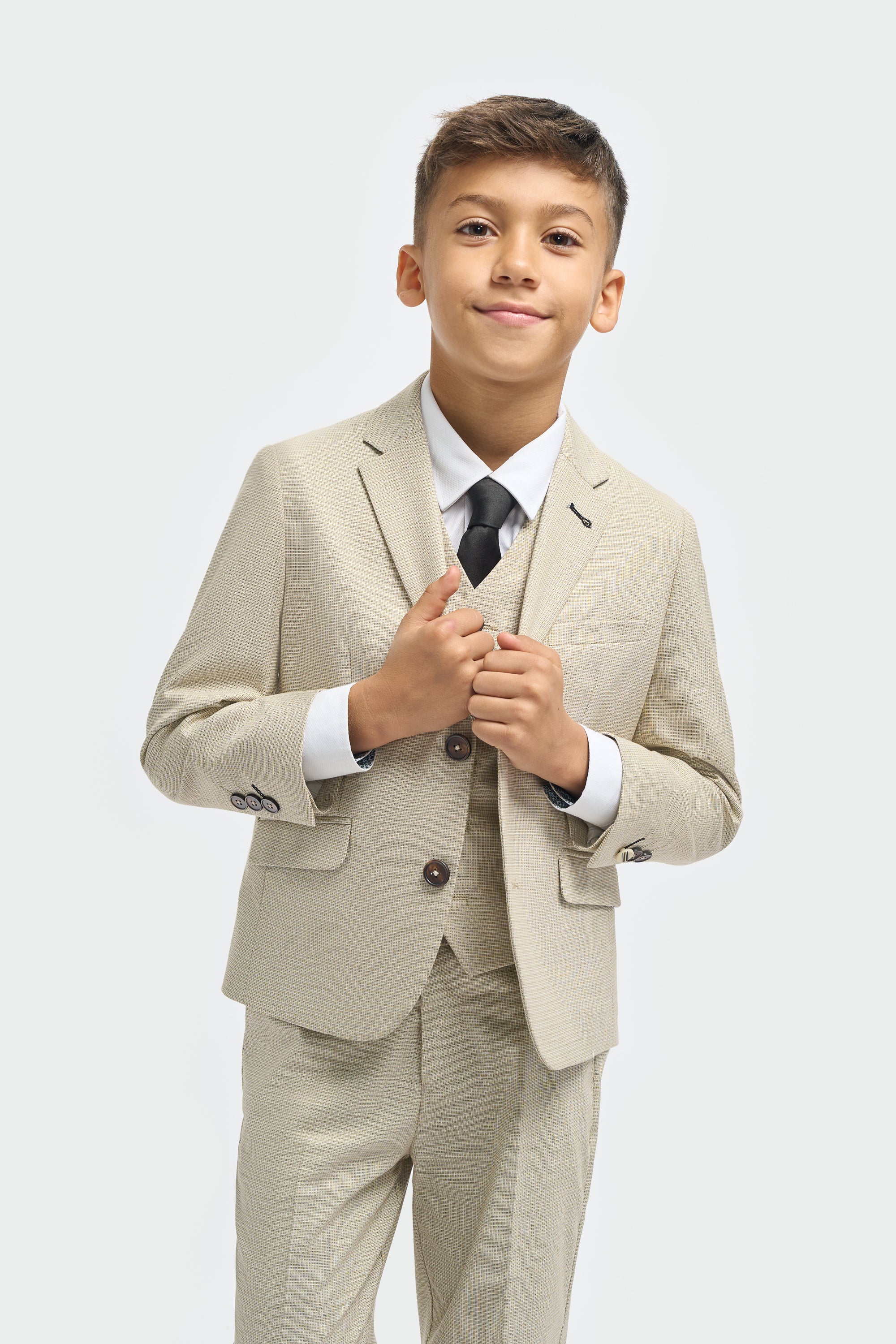 Boys’ 3-Piece Beige Cotton Microcheck Suit - Hampton  Model Picture