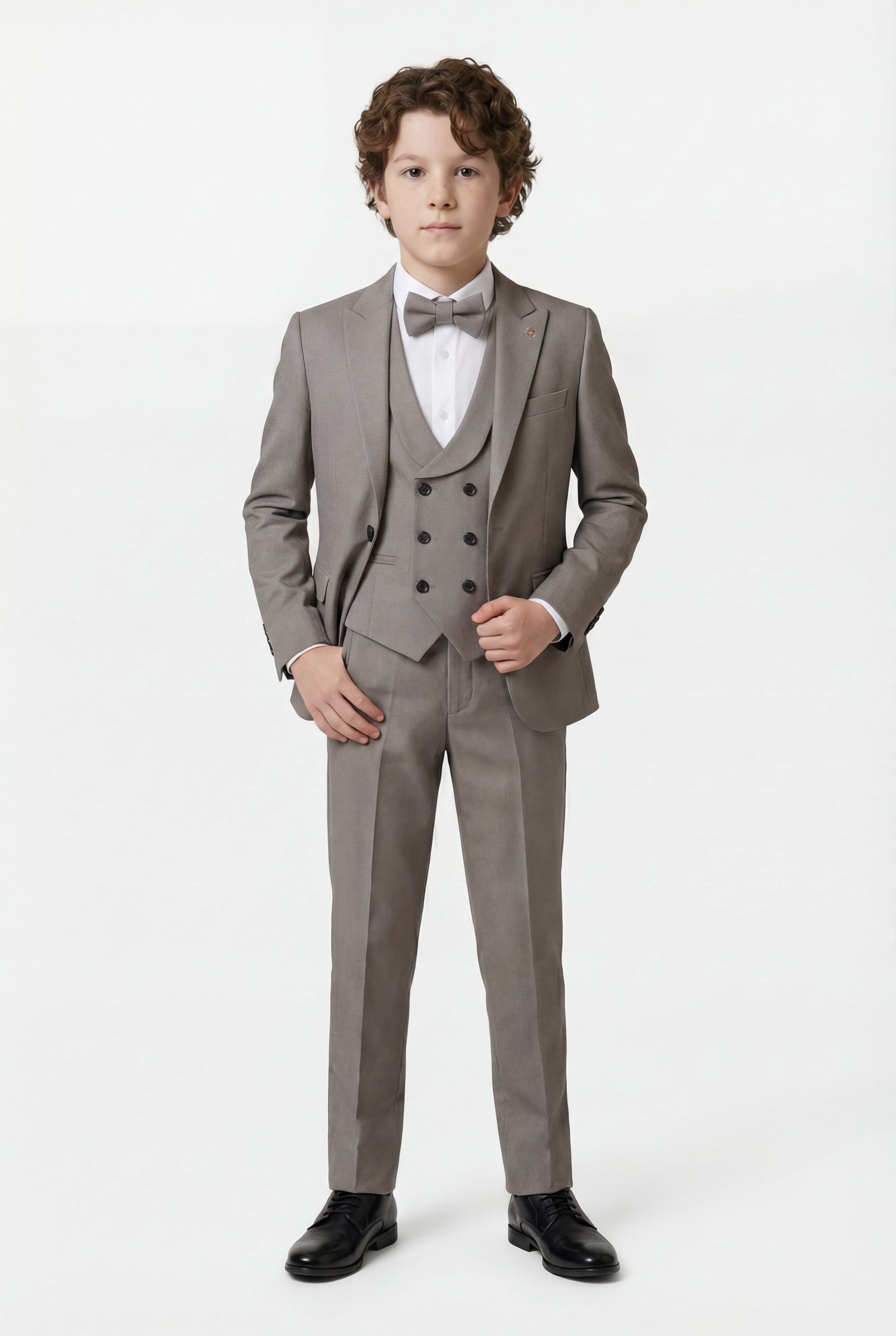 Boys 5-Piece Formal Prom Suit with Double Breasted Waistcoat - Grey