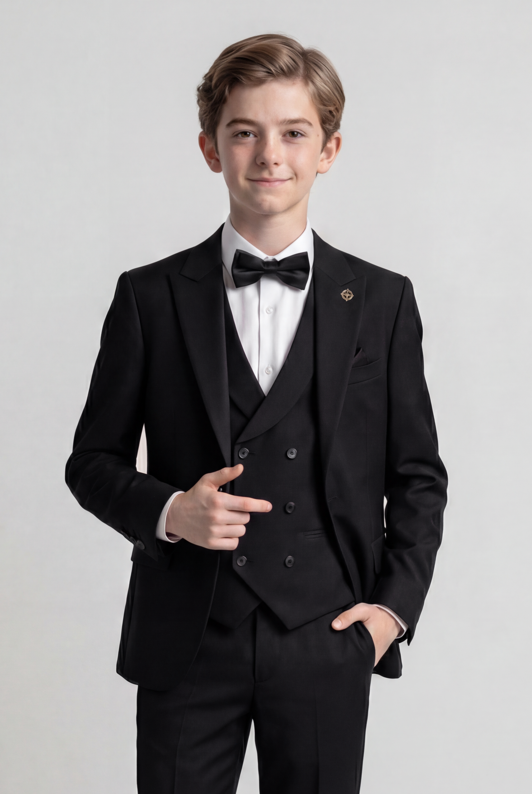Boys 5-Piece Formal Prom Suit with Double Breasted Waistcoat - Black