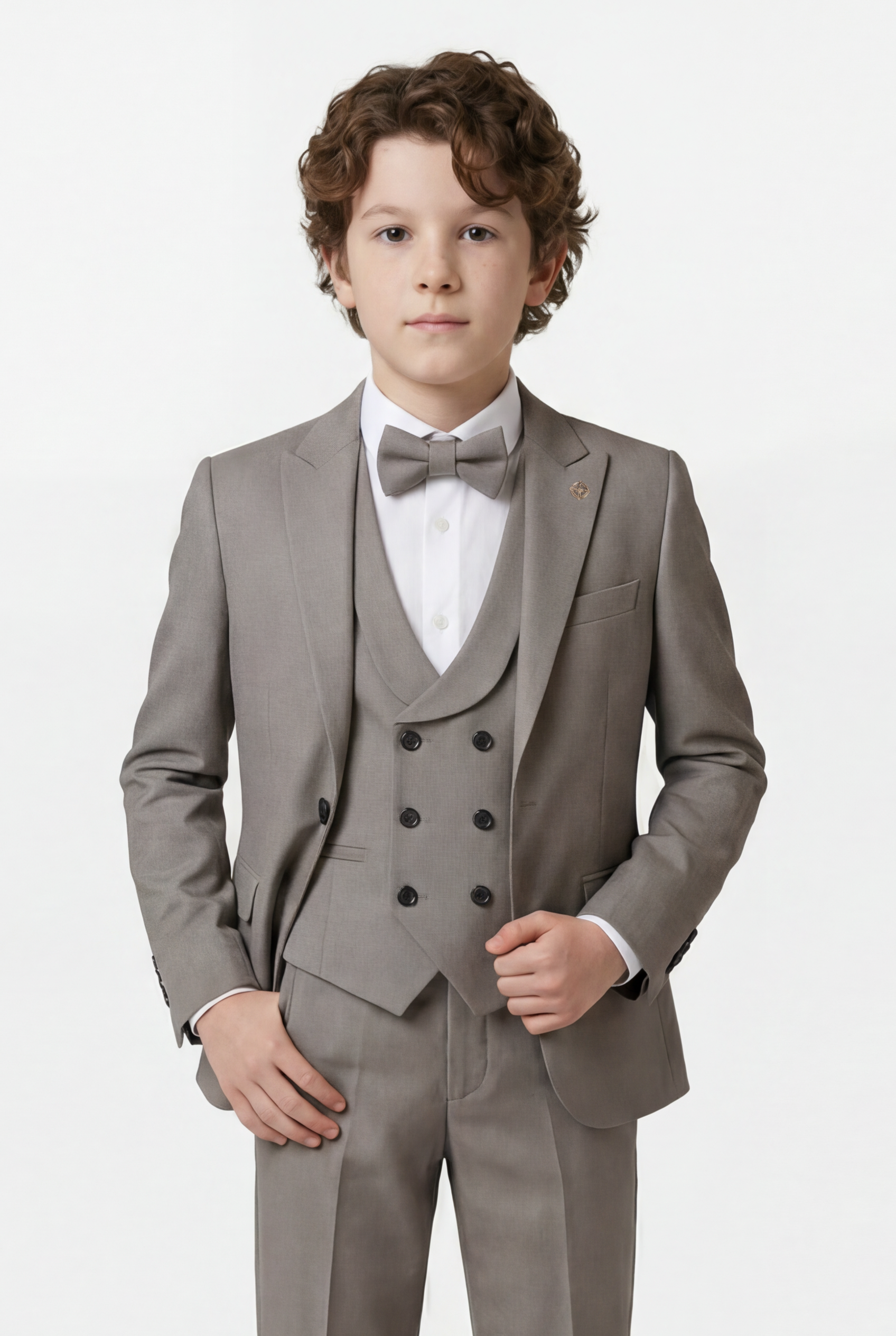 Boys 5-Piece Formal Prom Suit with Double Breasted Waistcoat - Grey